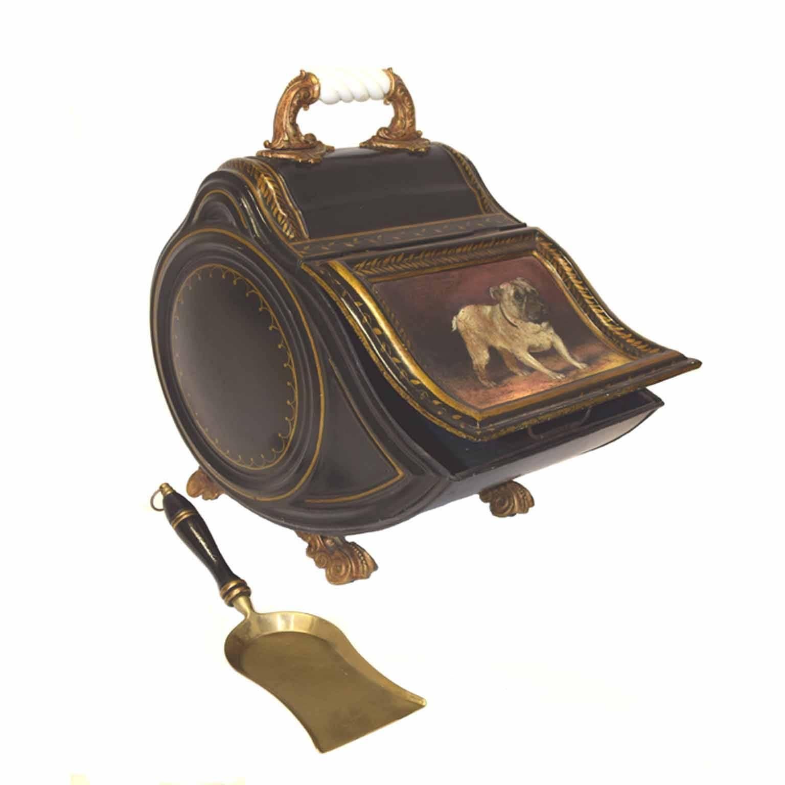 English Victorian period fireplace coal scuttle of rectangular form with an ogee front, the lid painted with an English bull dog, with a white opaline glass handle, the back fitted with original brass shovel, fitted with liner, raised on scroll