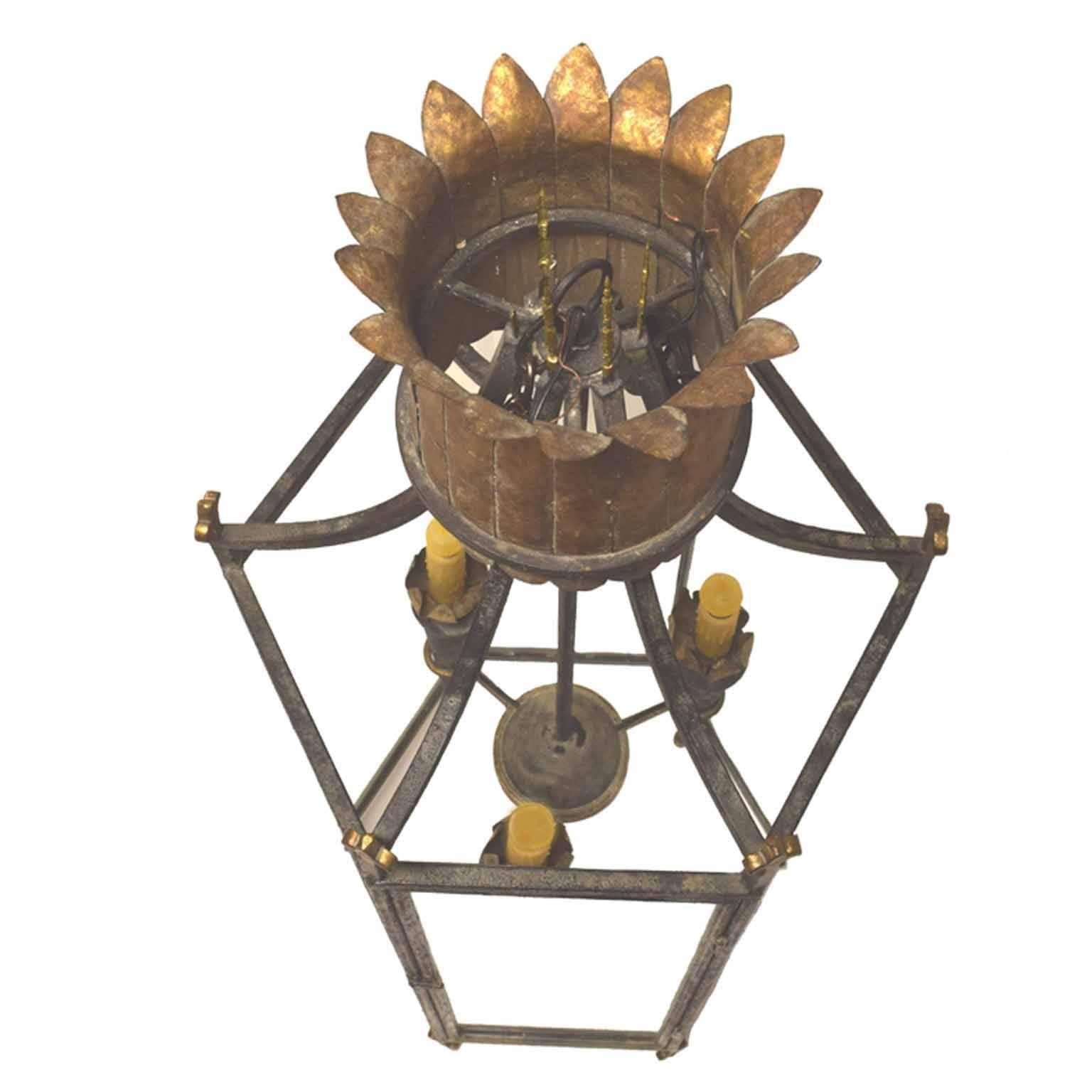 Antique French Napoleon III Period Wrought Iron, Brass and Gilt Lantern In Good Condition For Sale In Houston, TX