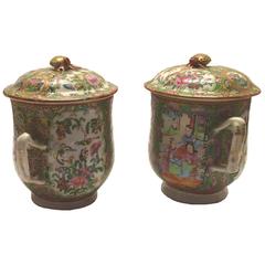 Rare Pair of Antique Chinese Export Rose Medallion Covered Cups, circa 1850