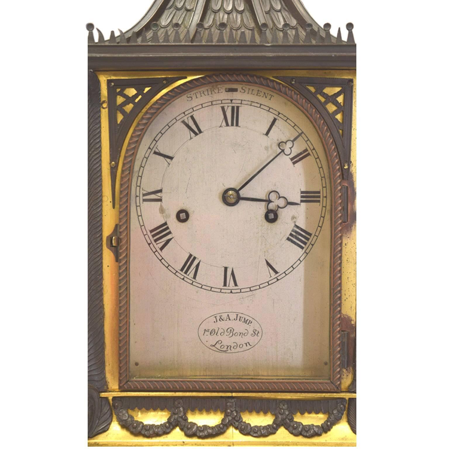 Chinese Chippendale Rare and Fine Antique English Patinated Gilt Bronze Bracket Clock, circa 1845 For Sale
