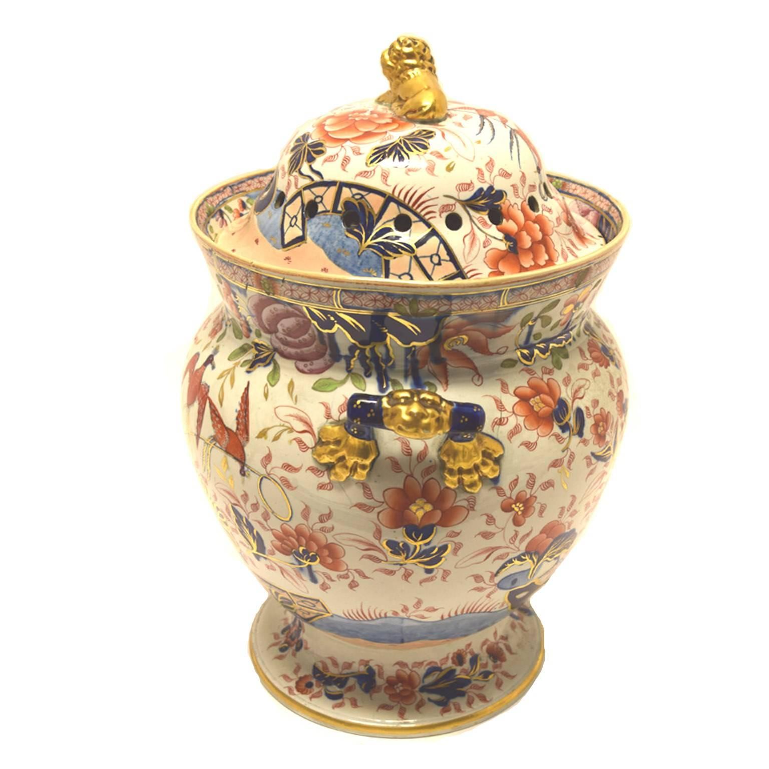 English George IV period Mason's Ironstone potpourri with original cover with gilt lion finial, inner lid with urn-form finial, lion paw side handles, richly painted in underglaze cobalt blue and over painted with bright enamels of chrysanthemum and