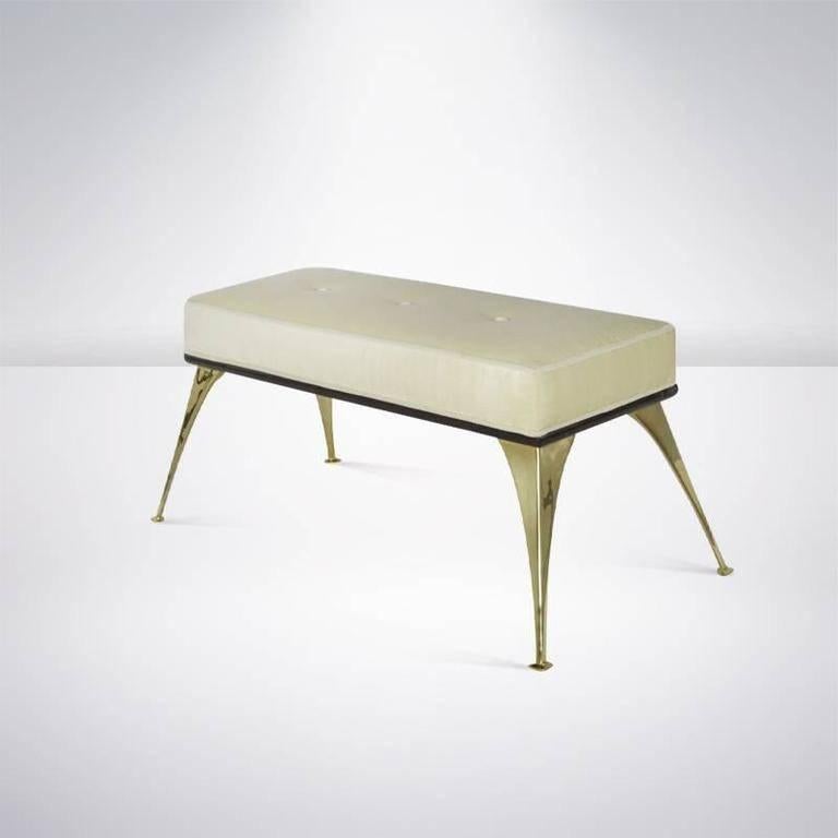 American Sculptural Brass Bench Upholstered in Mohair