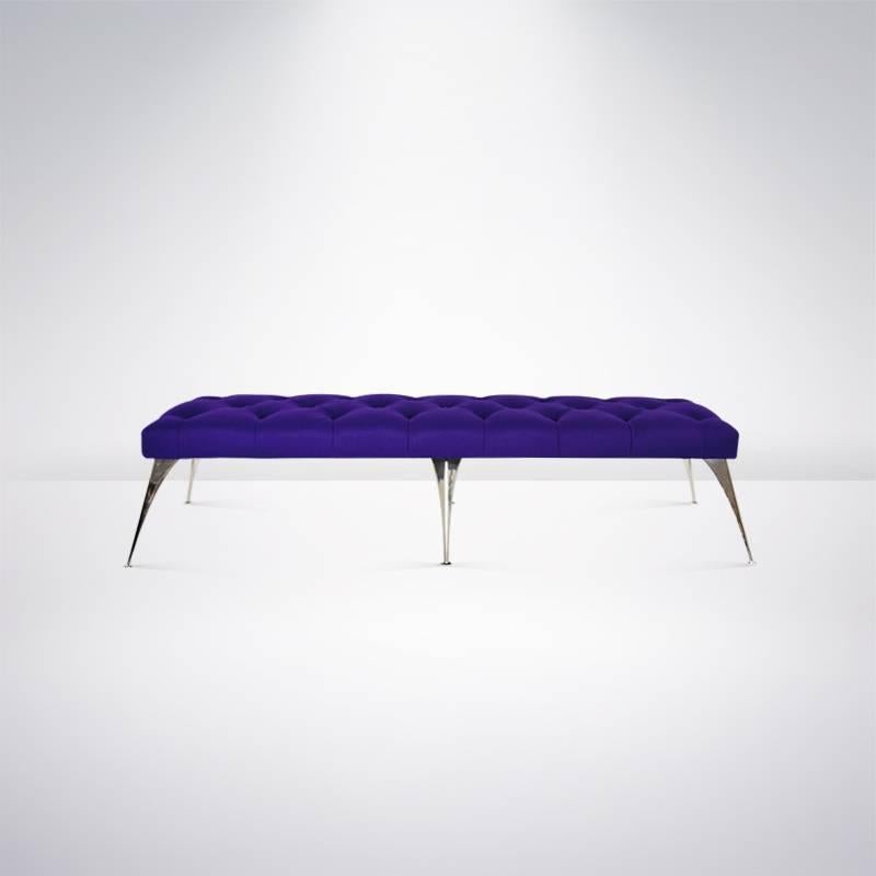 Gorgeous Mid-Century inspired bench. Sculptural, splayed nickel legs in the style of Gio Ponti. Tufted top upholstered in gorgeous purple wool.
