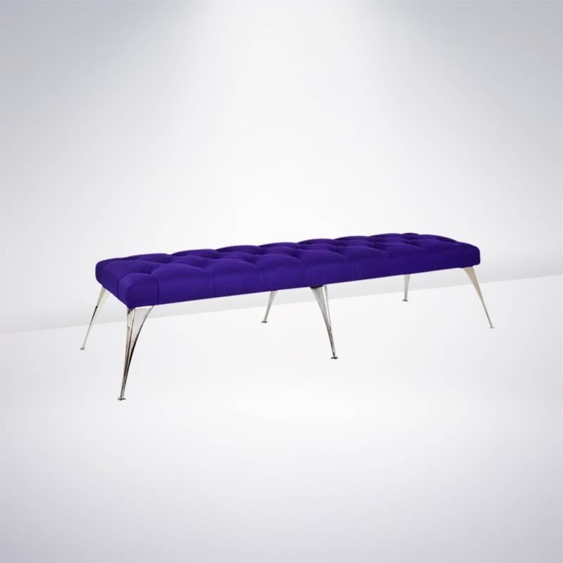 Mid-Century Modern Extra Long Tufted Purple Wool Bench For Sale