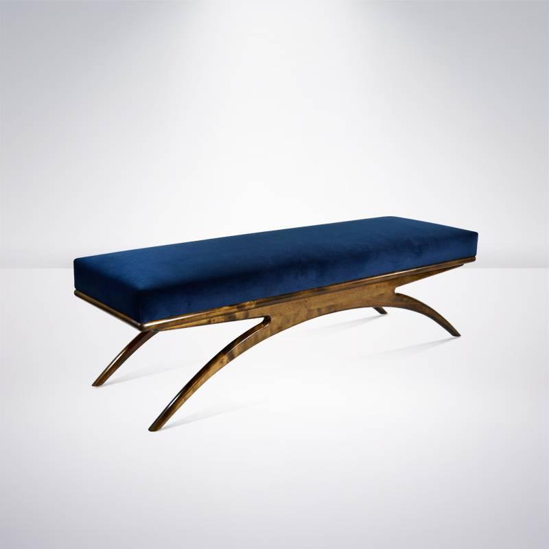 Walnut Convex Bench In Navy Blue Velvet At 1stdibs