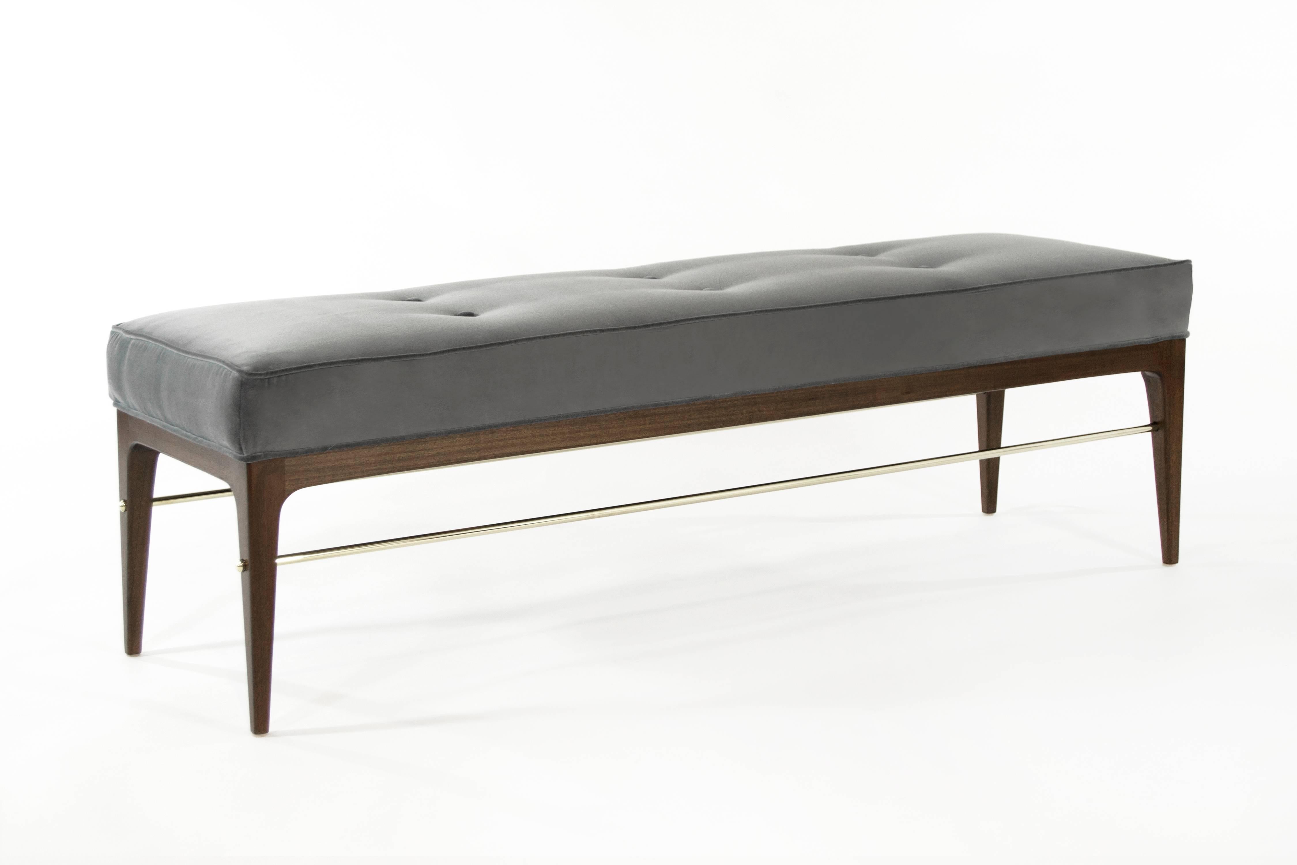 Edward Wormley inspired brass rodded bench, made from solid mahogany in a medium finish. Upholstered in charcoal velvet.

Available in custom sizes. COM / COL.