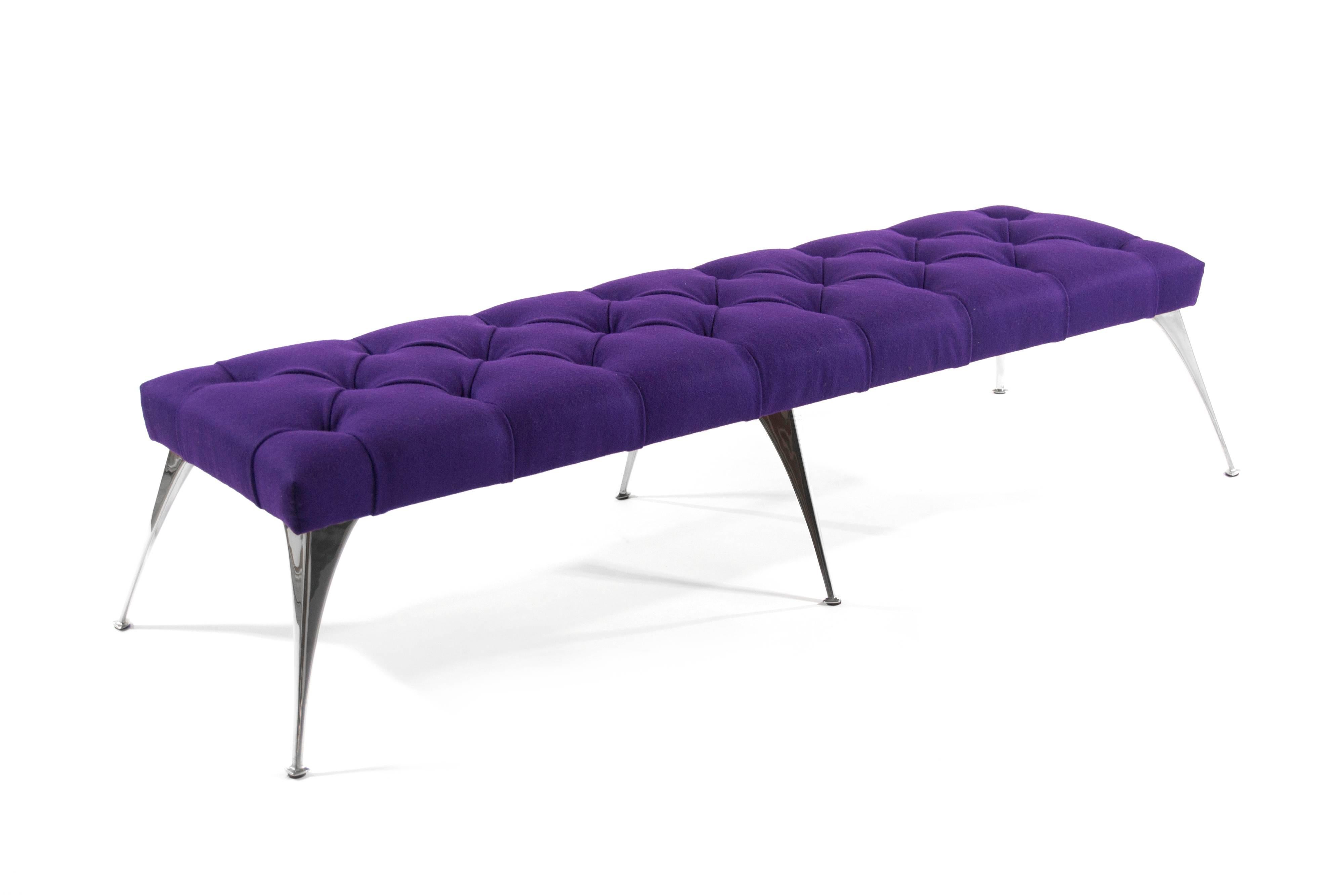 Gorgeous Italian inspired extra Long bench. Sculptural, splayed nickel legs in the style of Gio Ponti. Tufted top upholstered in gorgeous purple wool. Price listed as shown.