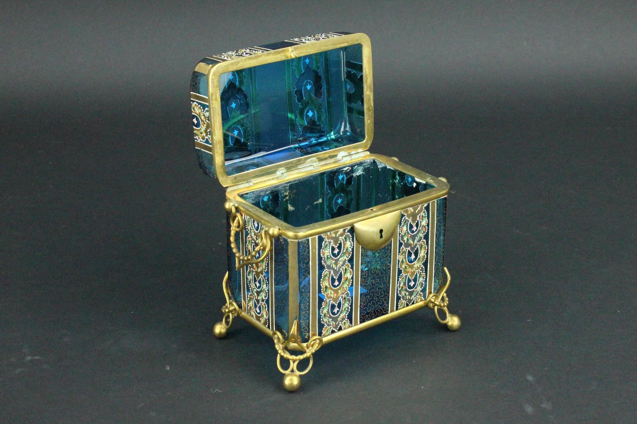 French Late 19th Century Enameled and Gilt Blue Glass Box 2
