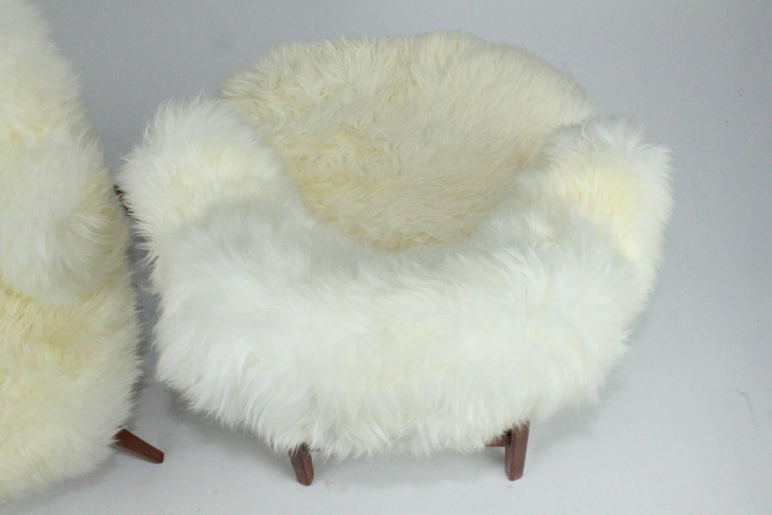 Danish Pair of Ib Kofod-Larsen Shell Chairs Dressed in Swedish Long Haired Sheepskin