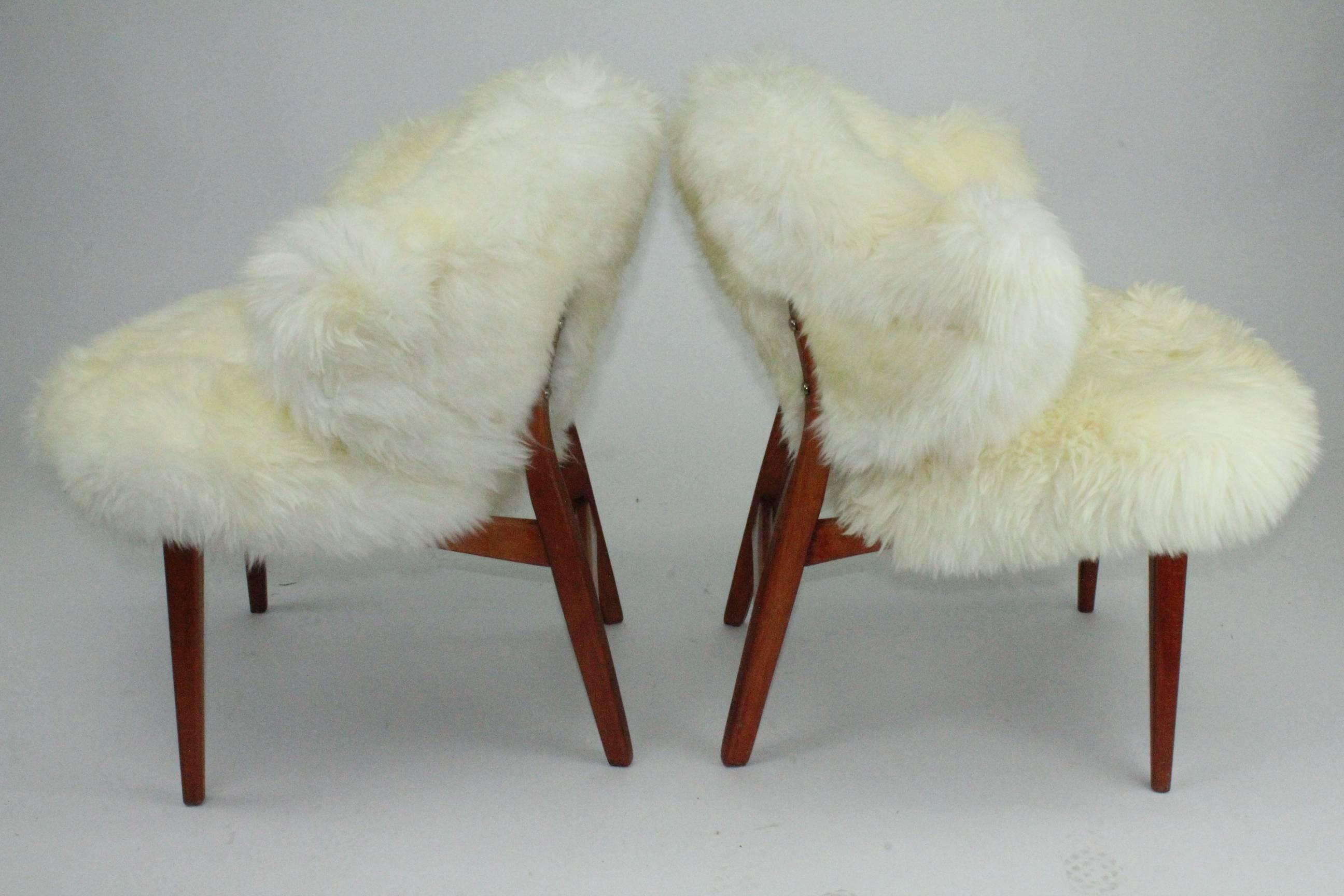 Pair of Ib Kofod-Larsen Shell Chairs Dressed in Swedish Long Haired Sheepskin 2