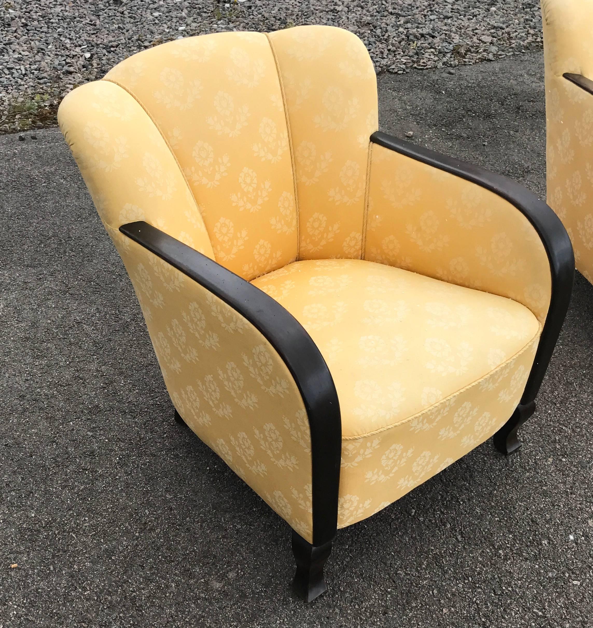 Stained Swedish Art Deco Club Chairs Shell Shaped Back