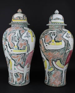 Monumental Pair of Marcello Fantoni Etruscan Sgraffiti Vases with Covers