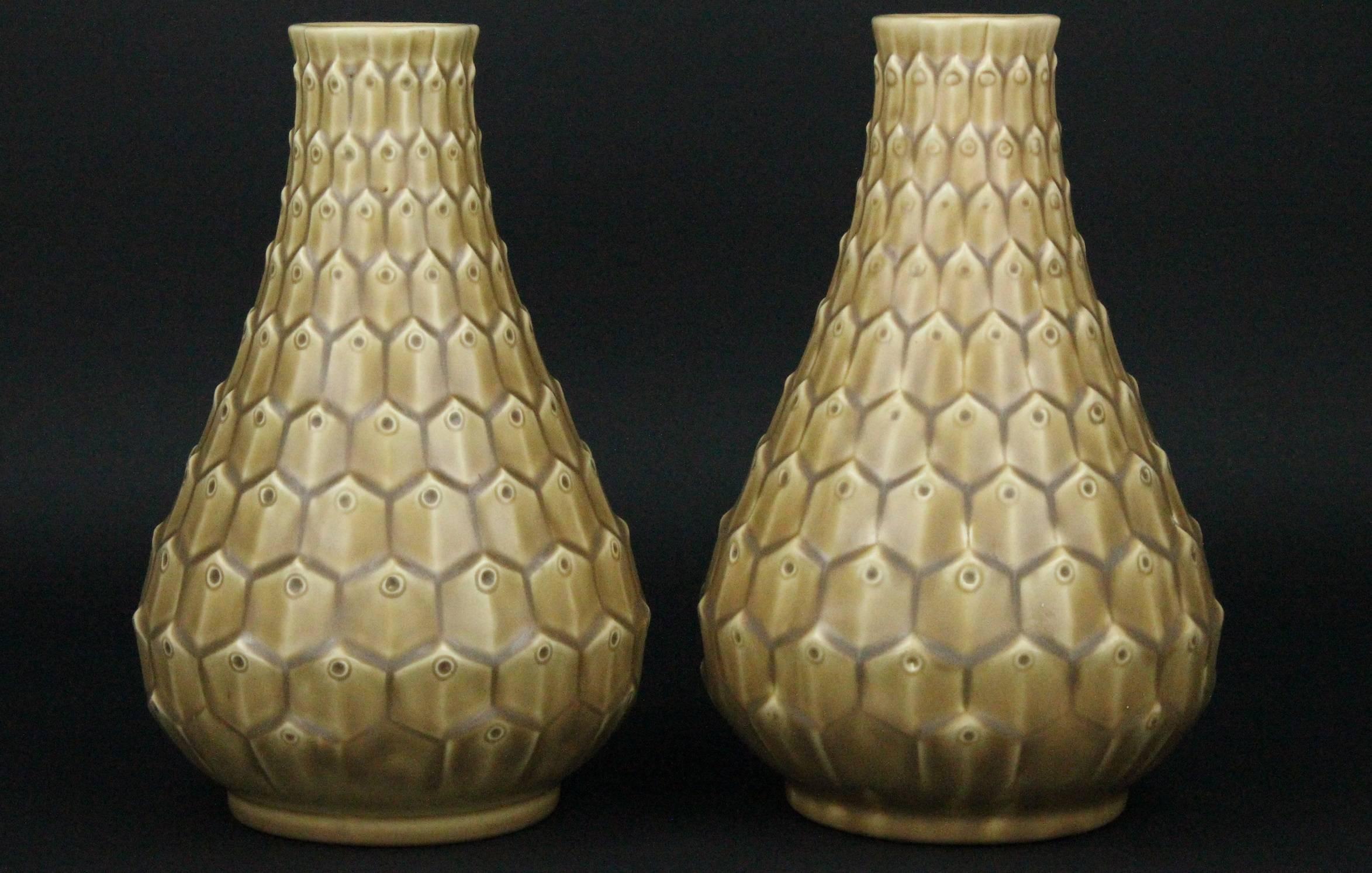 Swedish Pair of Very Unusual Peacock Pattern Vases by Ewald Dahlskog for Bo Fajans