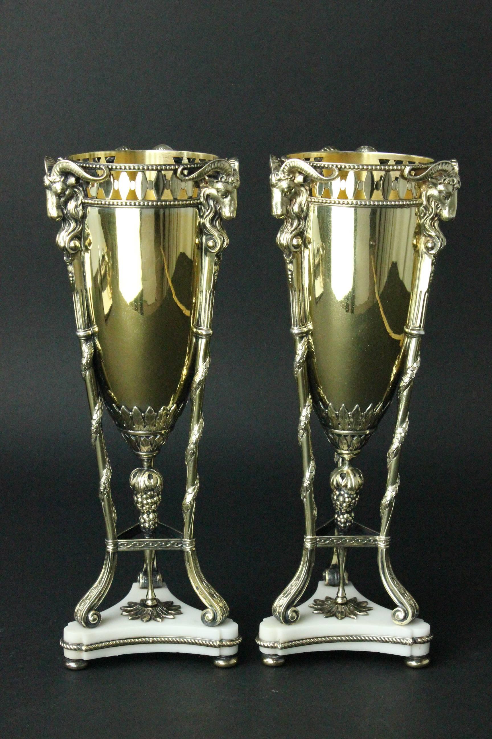 Magnificent Pair of Swedish Gilt Silver and Marble Vases by C G Hallberg, 1912 4