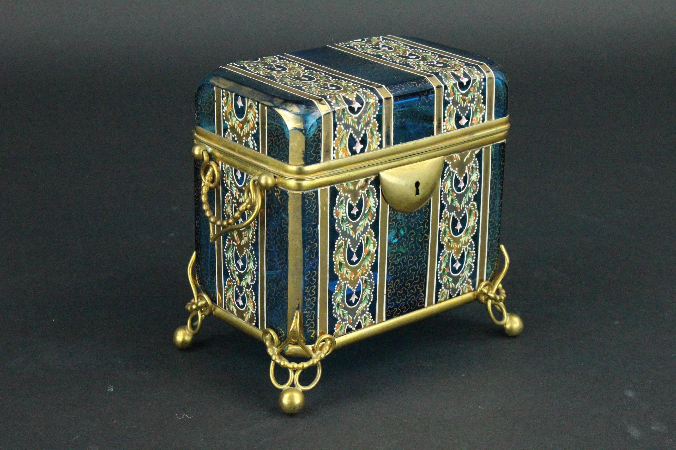 French Late 19th Century Enameled and Gilt Blue Glass Box In Good Condition In Skanninge, SE