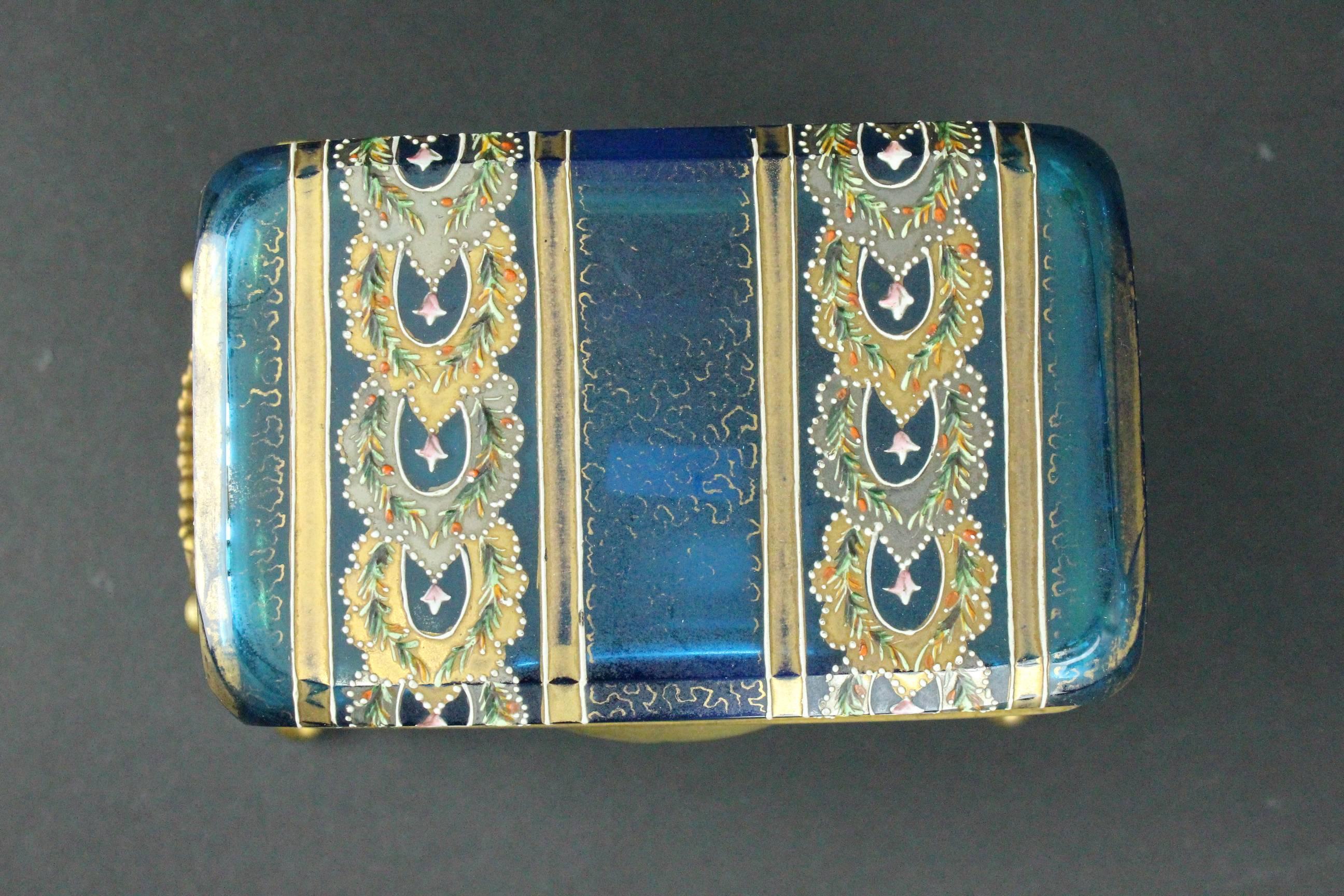 Brass French Late 19th Century Enameled and Gilt Blue Glass Box