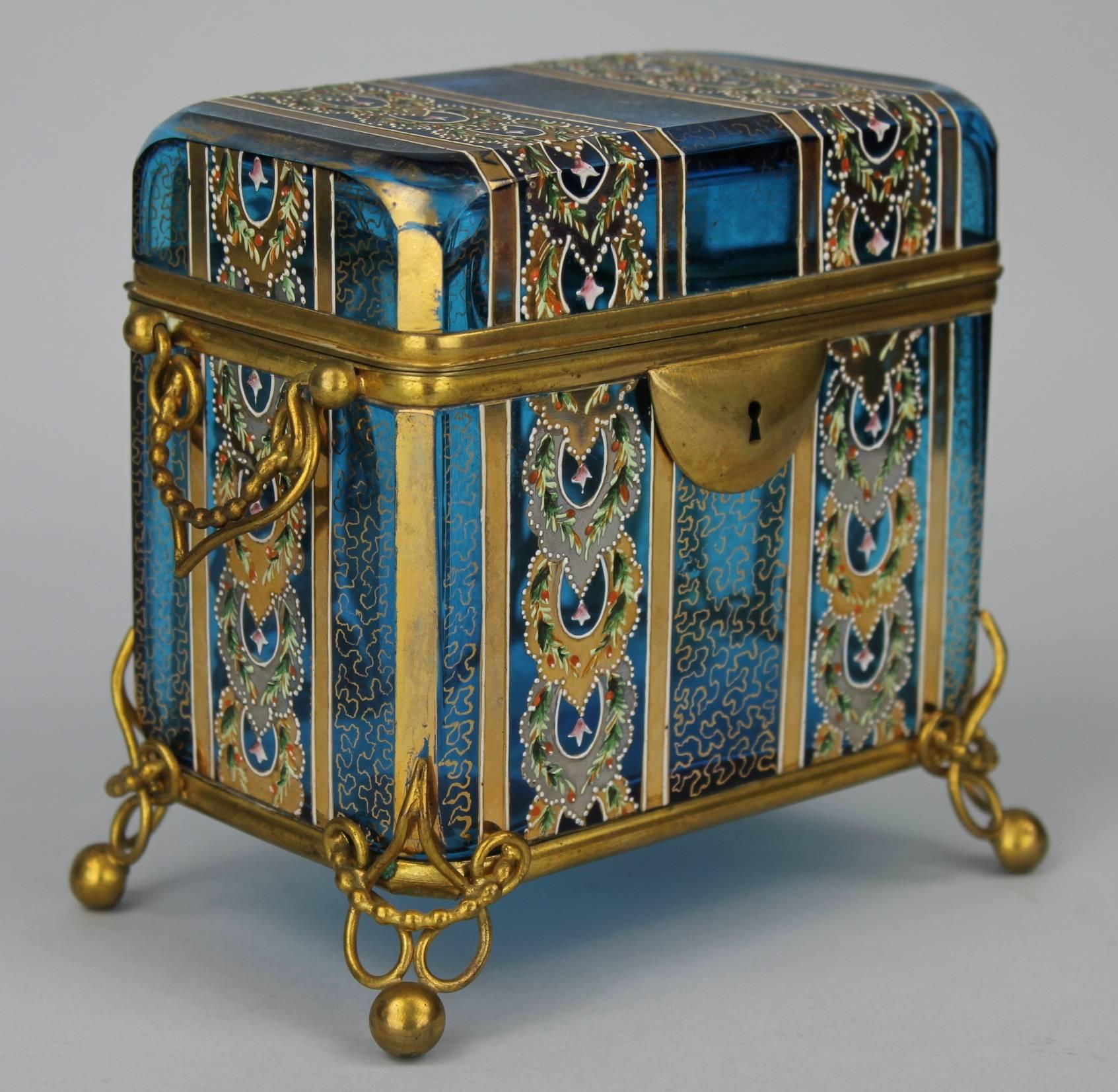 French Late 19th Century Enameled and Gilt Blue Glass Box 1