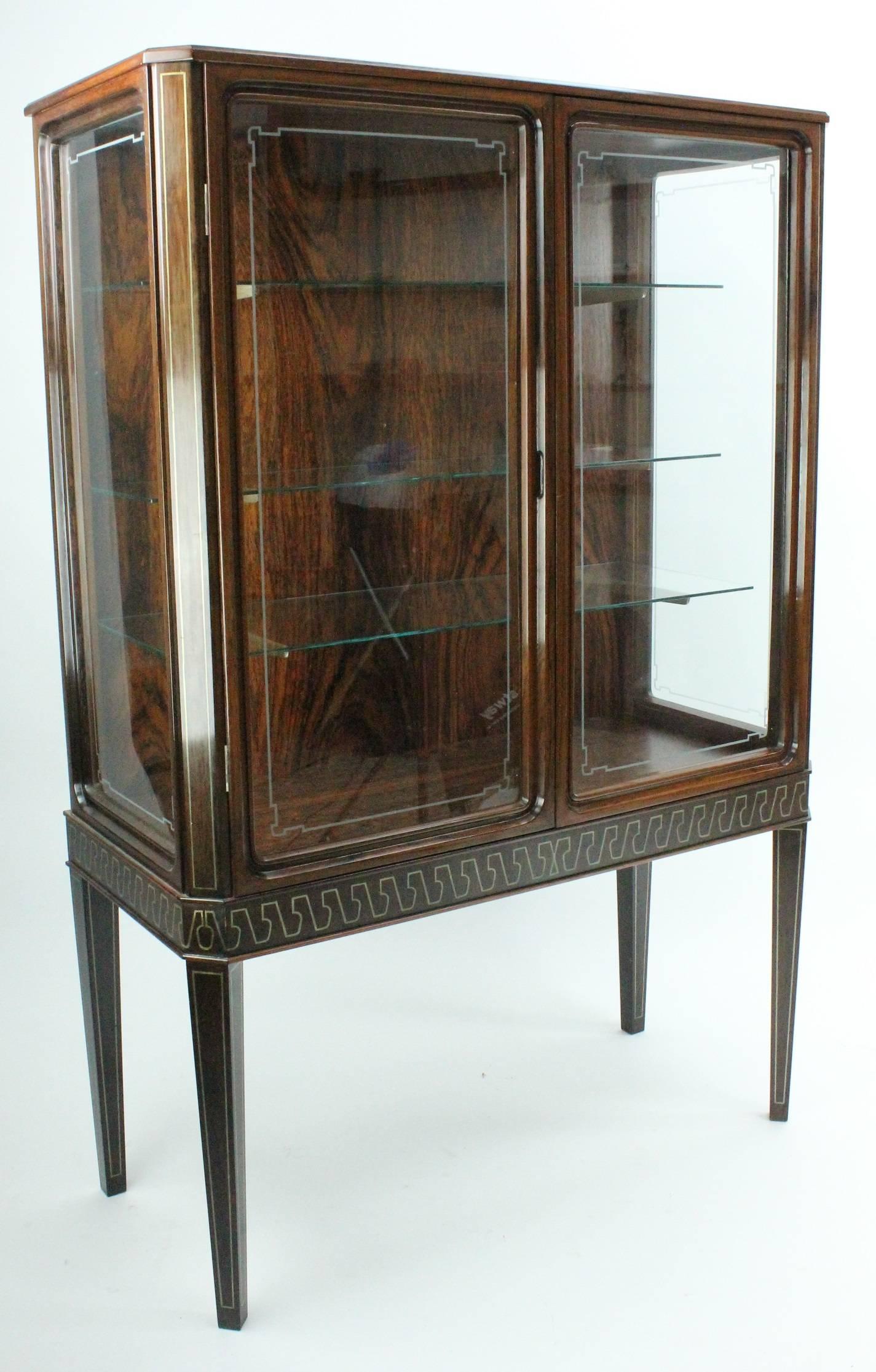 Very Rare 1940s European Rosewood and Pewter Inlaid Vitrine 2