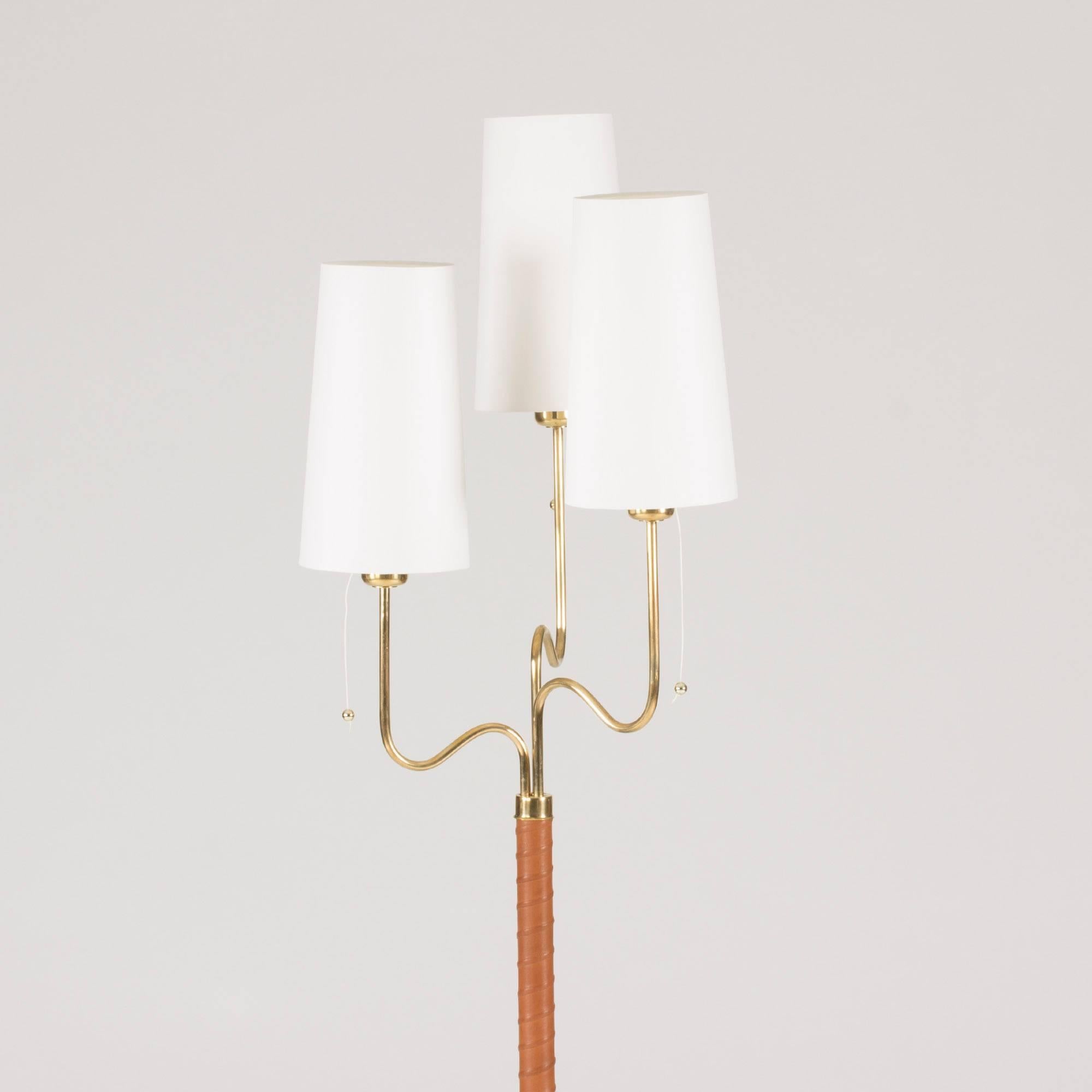 Scandinavian Modern Leather and Brass Floor Lamp by Hans Bergström
