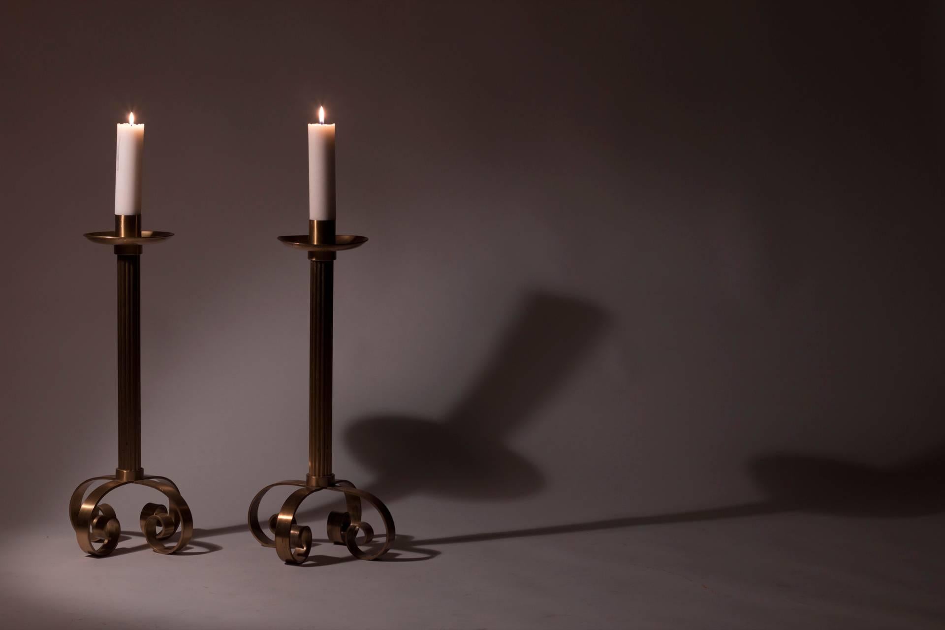 Brass Pair of Floor Candlesticks from Ystad Metall
