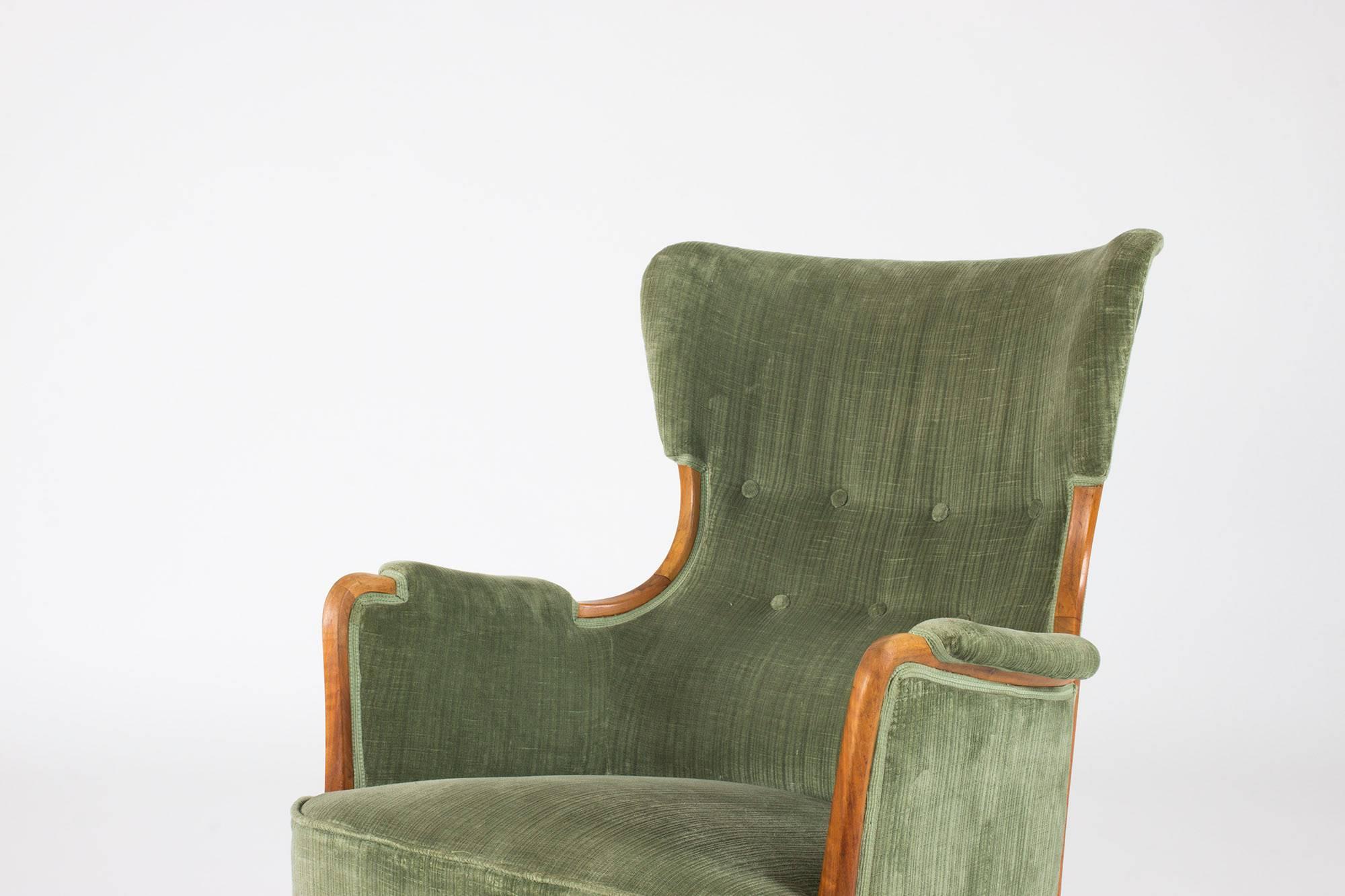Scandinavian Modern Walnut and Velvet Lounge Chair by Axel Larsson