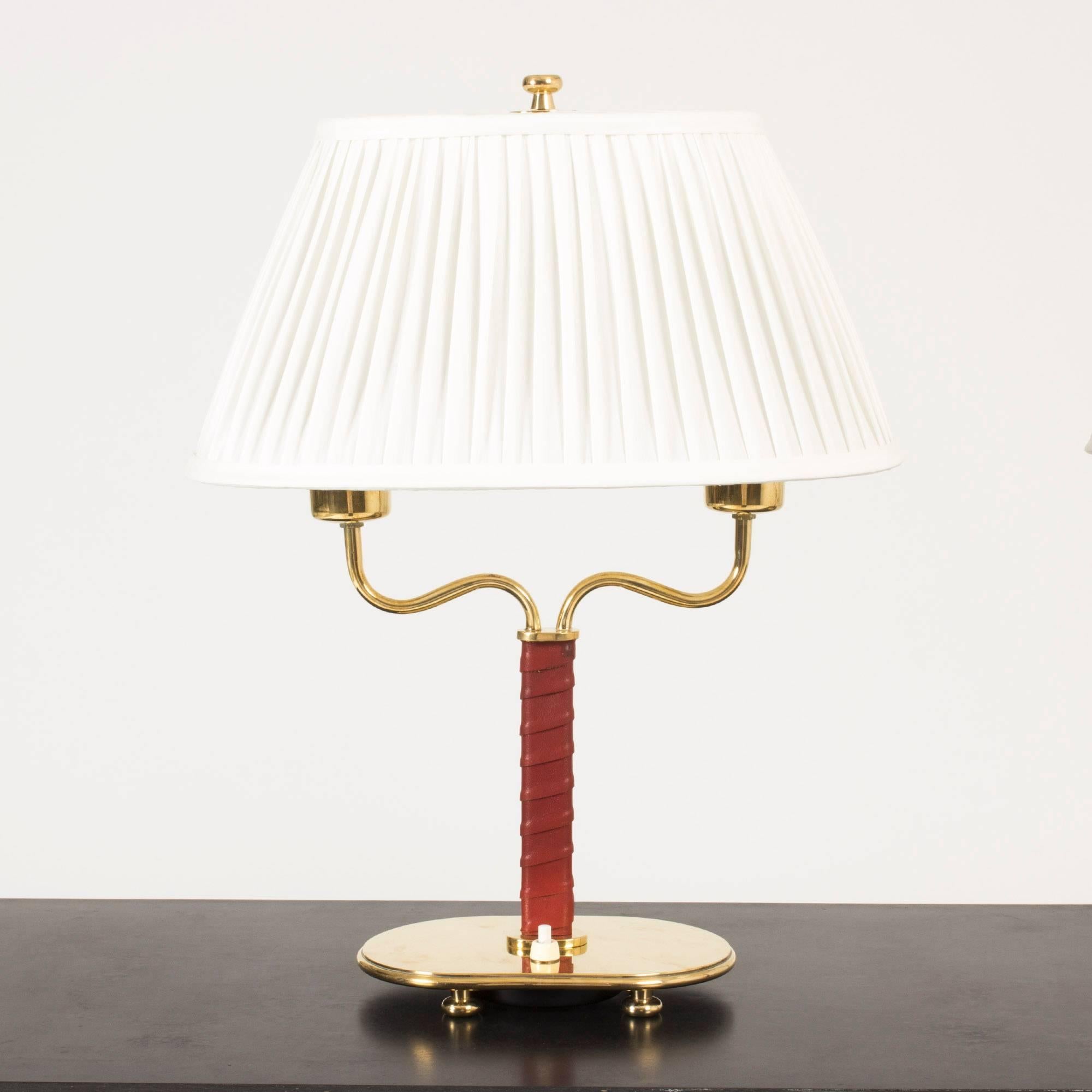 Swedish Pair of Brass and Leather Table Lamps by Josef Frank