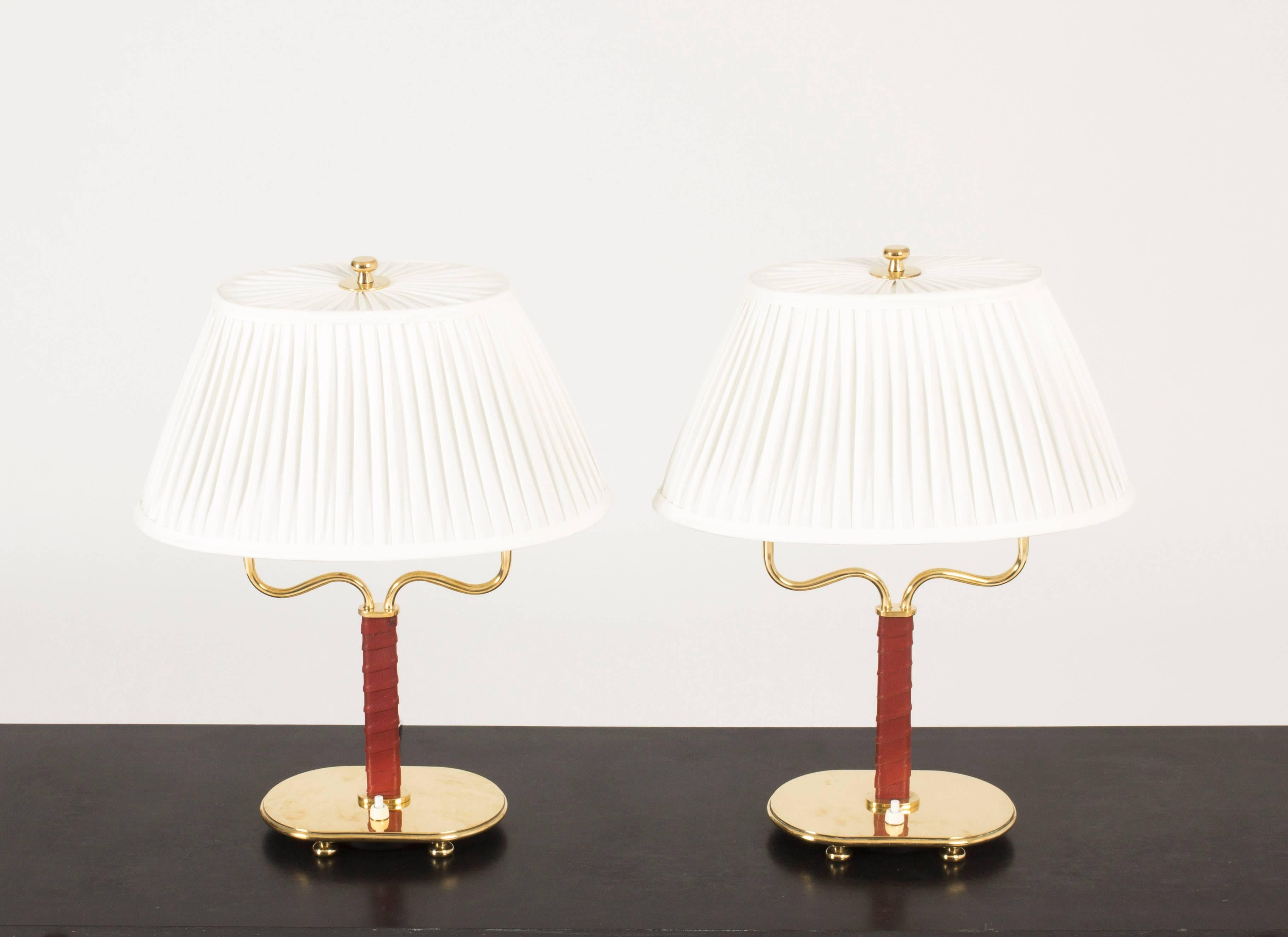 Scandinavian Modern Pair of Brass and Leather Table Lamps by Josef Frank