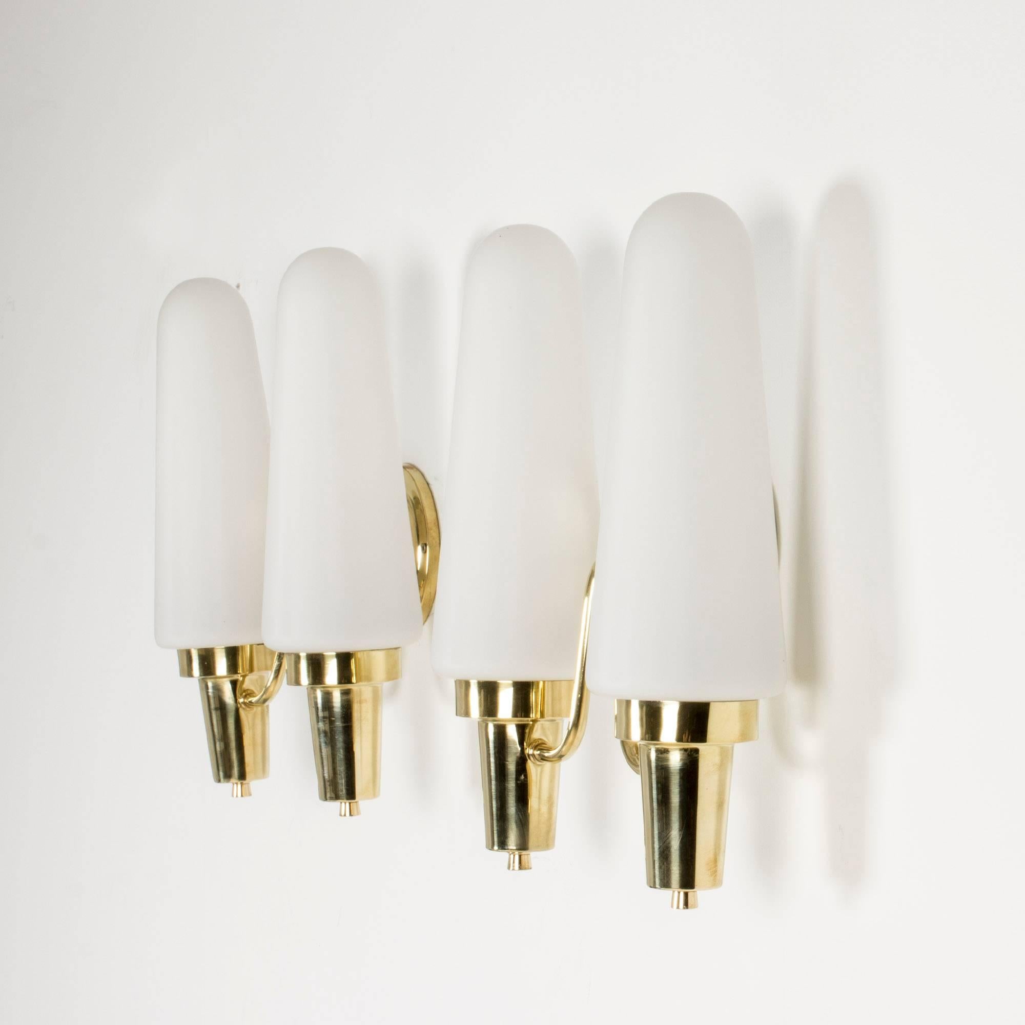 Swedish Pair of Opaline Glass and Brass Wall Lamps For Sale