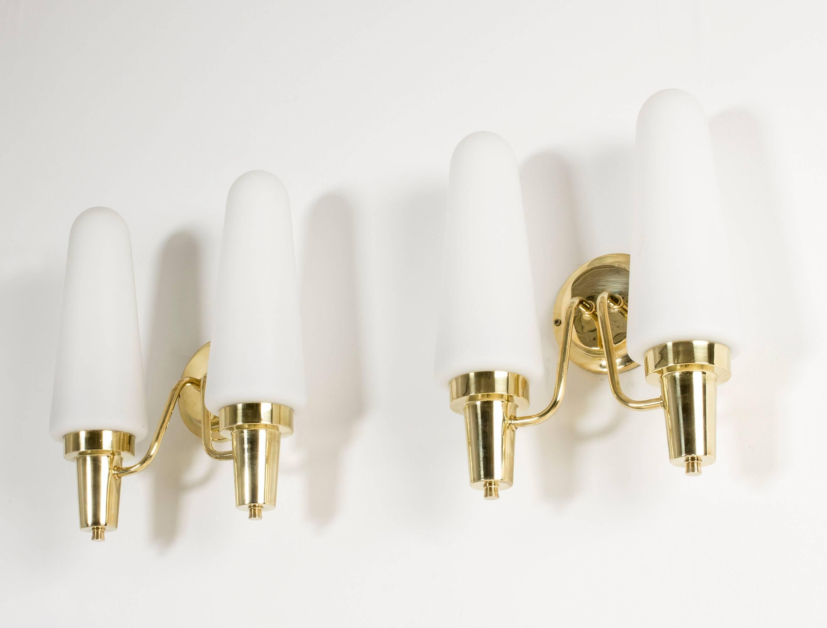 Scandinavian Modern Pair of Opaline Glass and Brass Wall Lamps For Sale