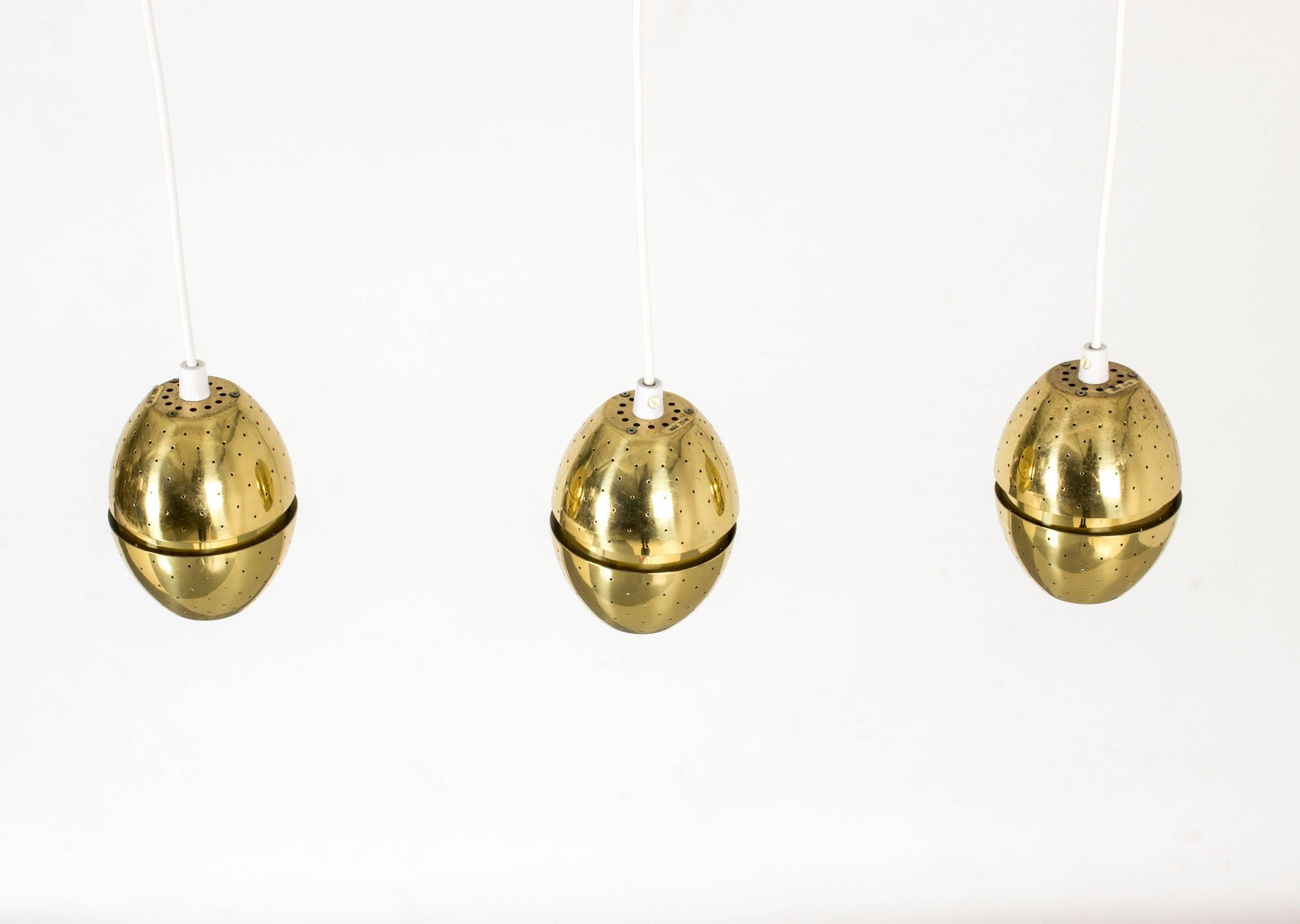 Scandinavian Modern Set of Three Brass Pendant Lamps by Hans-Agne Jakobsson