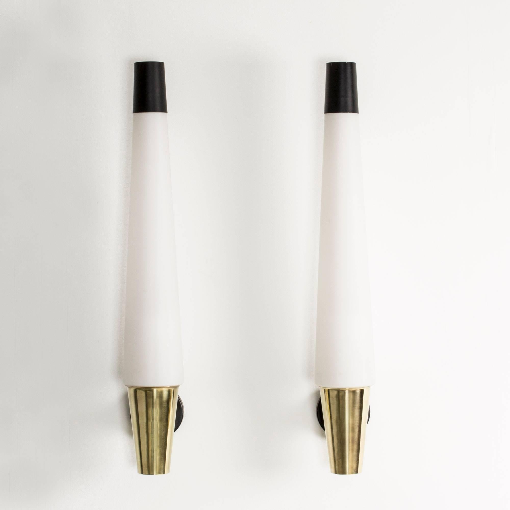 Scandinavian Modern Pair of Oversized Opaline Glass and Brass Wall Lamps