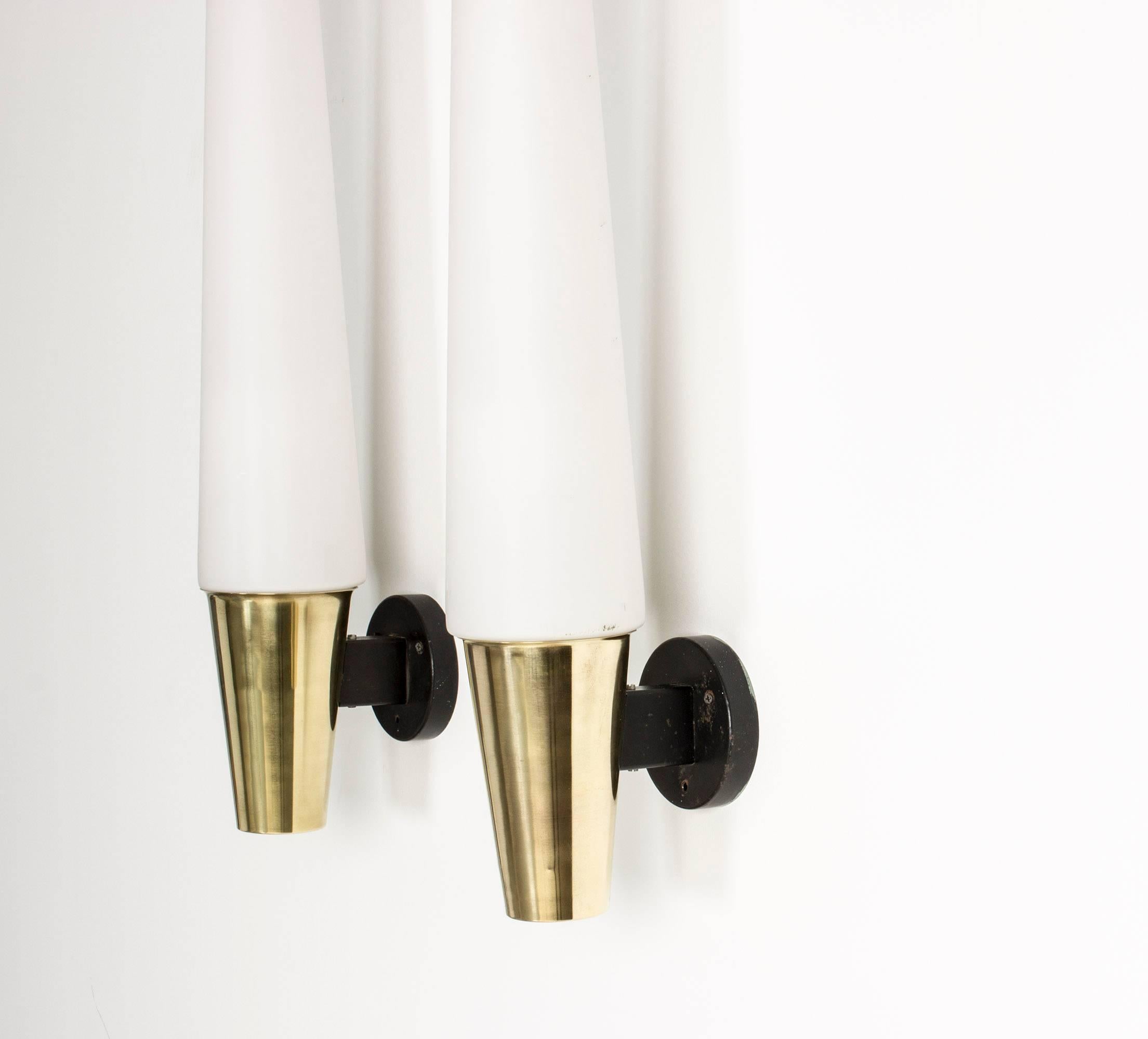 Swedish Pair of Oversized Opaline Glass and Brass Wall Lamps