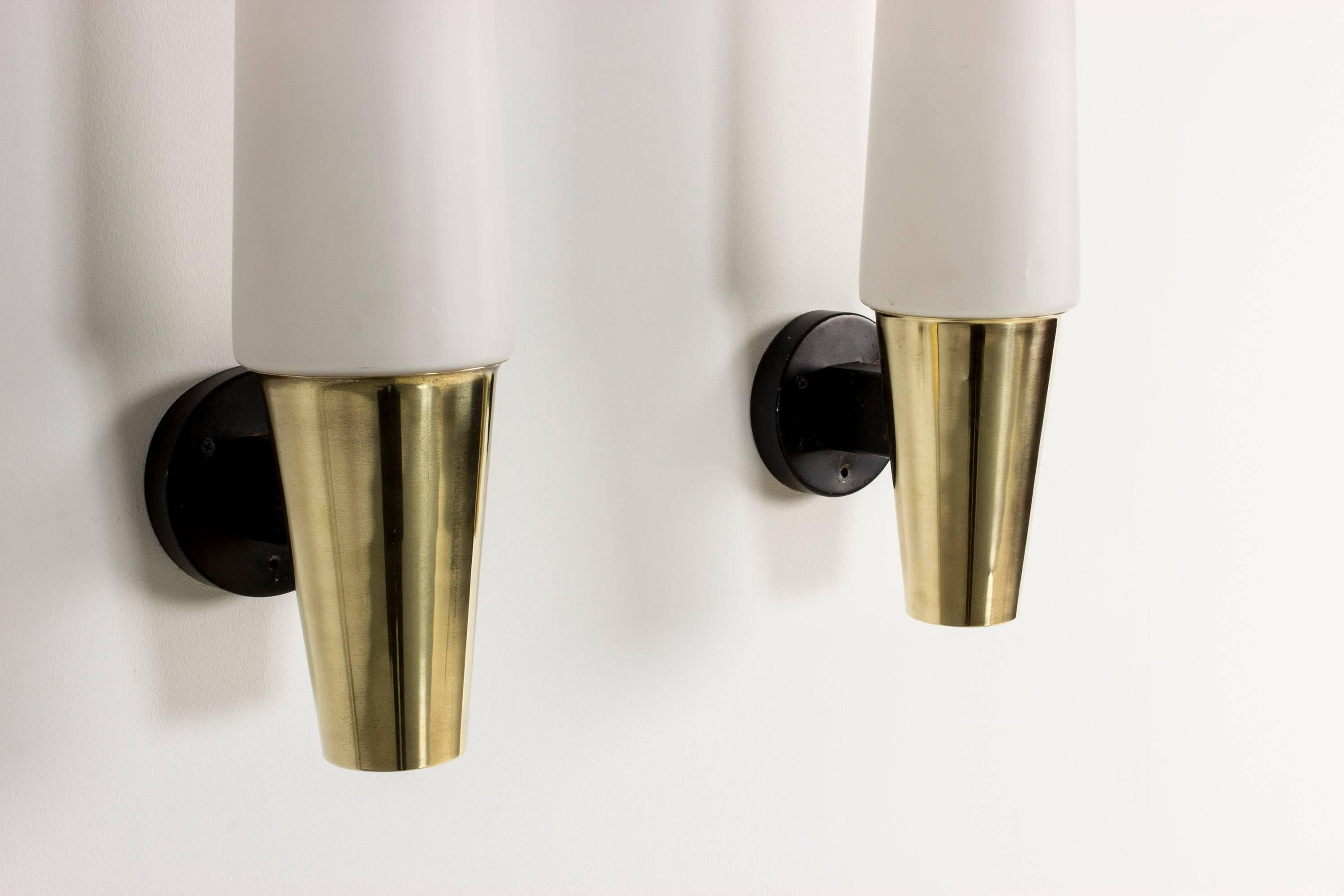 Pair of Oversized Opaline Glass and Brass Wall Lamps In Excellent Condition In Stockholm, SE