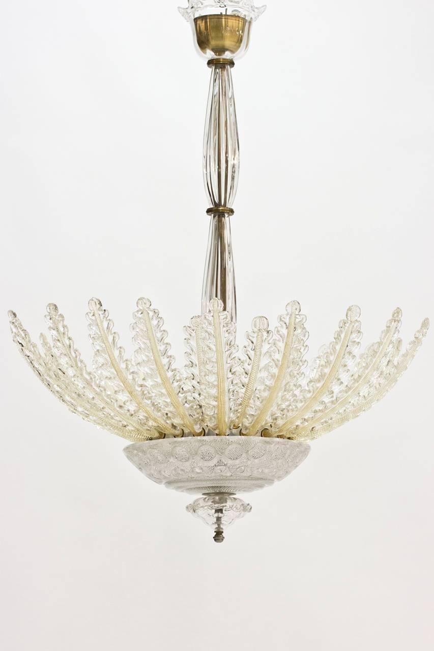 Beautiful chandelier by Fritz Kurz, made at Orrefors in the 1940s. The Orrefors lights from this period are truly remarkable in both quality and beauty. This one is a rare find due to its impressive size and mint condition.