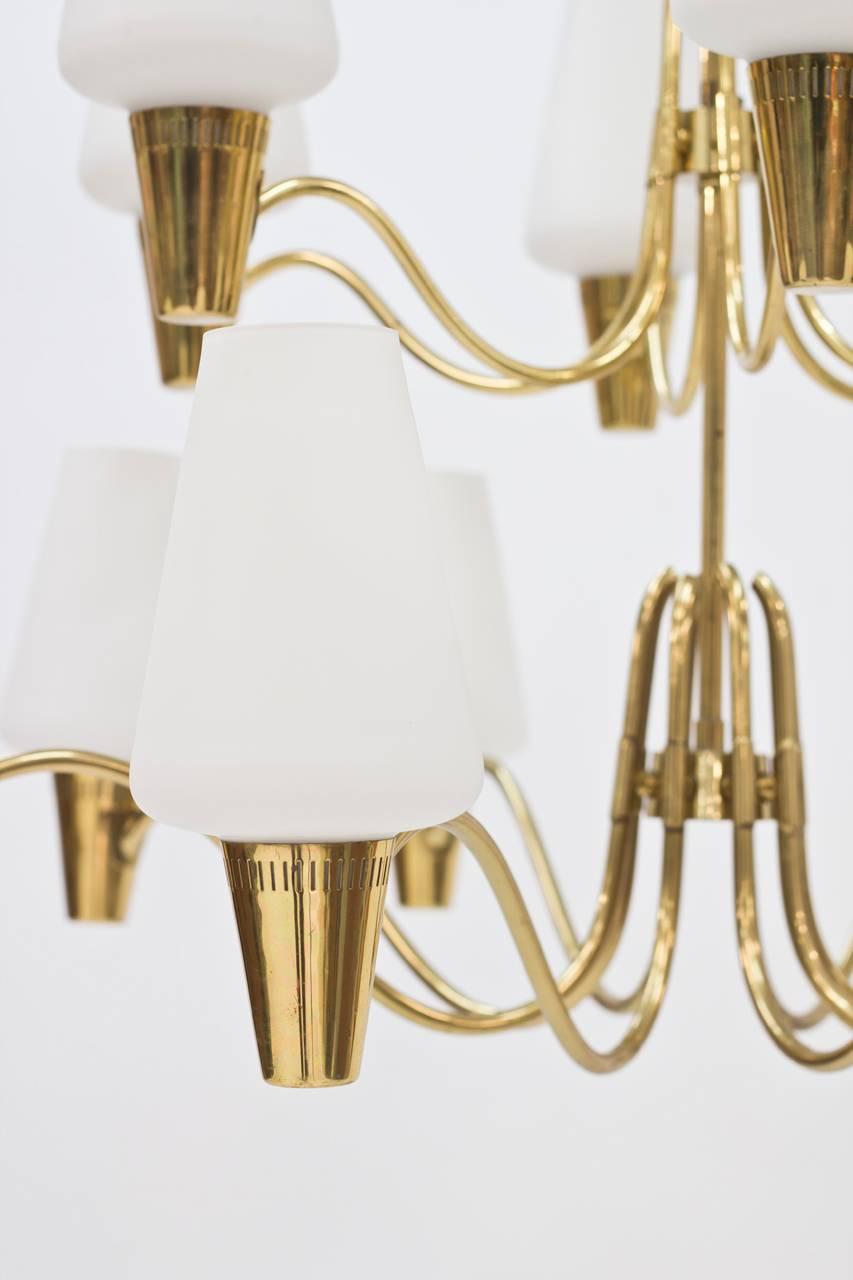 Swedish 1950s Brass and Opaline Glass Chandelier 1