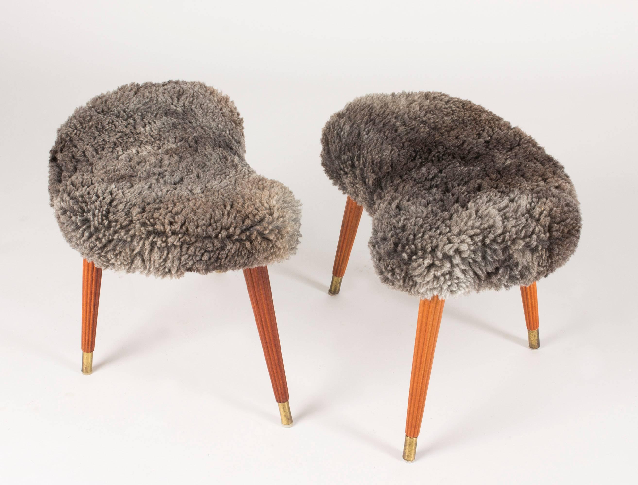 Pair of Swedish Sheepskin Stools, 1940s In Excellent Condition In Stockholm, SE