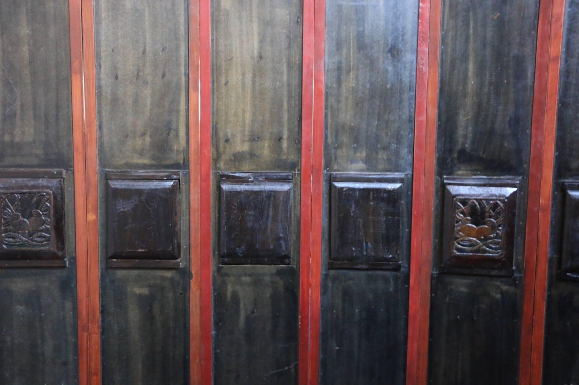 19th Century Chinese Carved Lacquered Wood Inset with Hard Stones Nine-Panel Floor Screen
