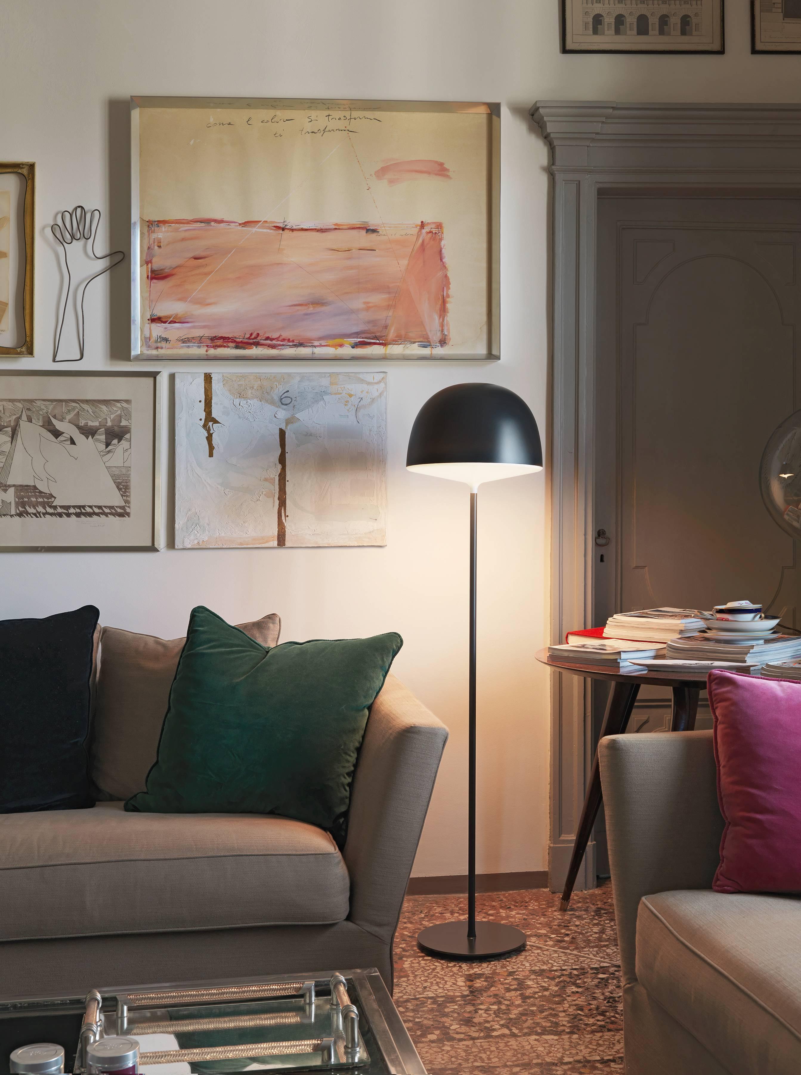 It echoes the studio’s Nordic imprint in its simplicity and functional aspects. The opaline polycarbonate diffuser ensures soft lighting, while the colored ones spread the light downwards.

Floor lamp. Opal lower diffuser. Lampshade in
