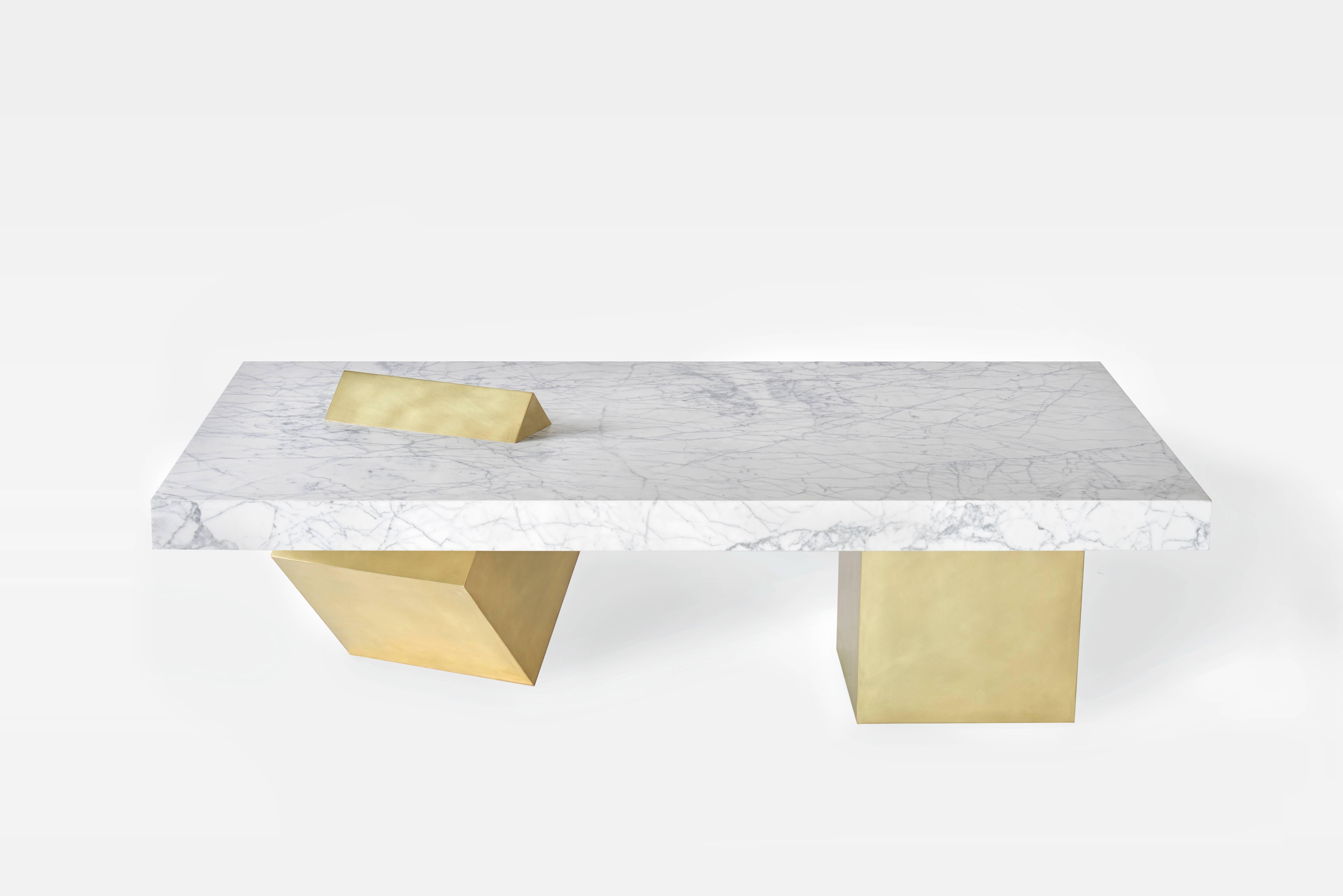 Italian White Venato marble surface, honed brushed brass cube bases

Dimensions: 20” H x 35.5” W x 60” L.
