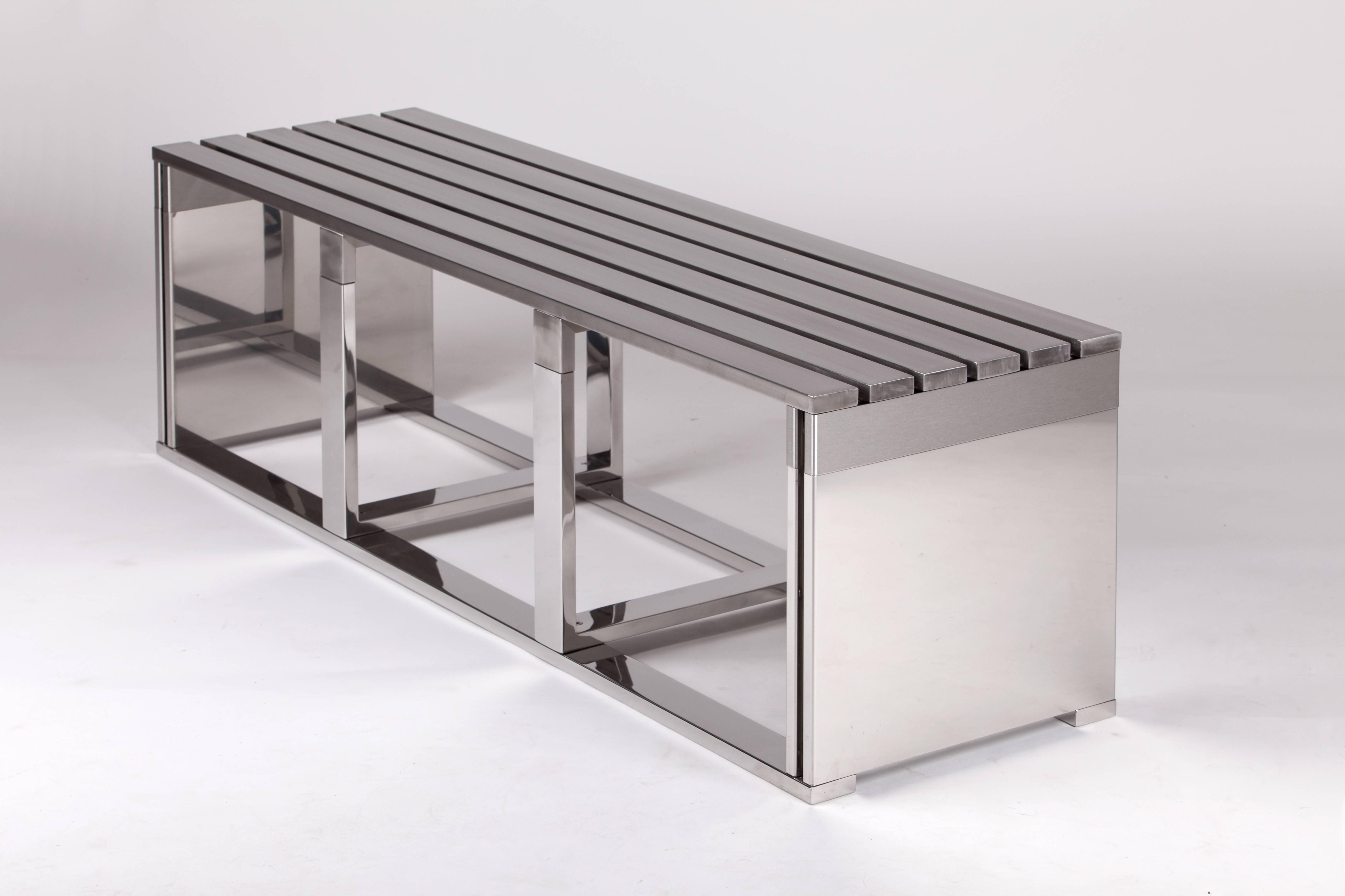 Bicroma bench, finds its inspiration in Industrial aesthetics. 
Designed by Parisotto and Formenton, it is suitable for Classic or contemporary contexts. Its solid structure is composed by 20 element of 2 mm thickness in stainless steel aisi inox