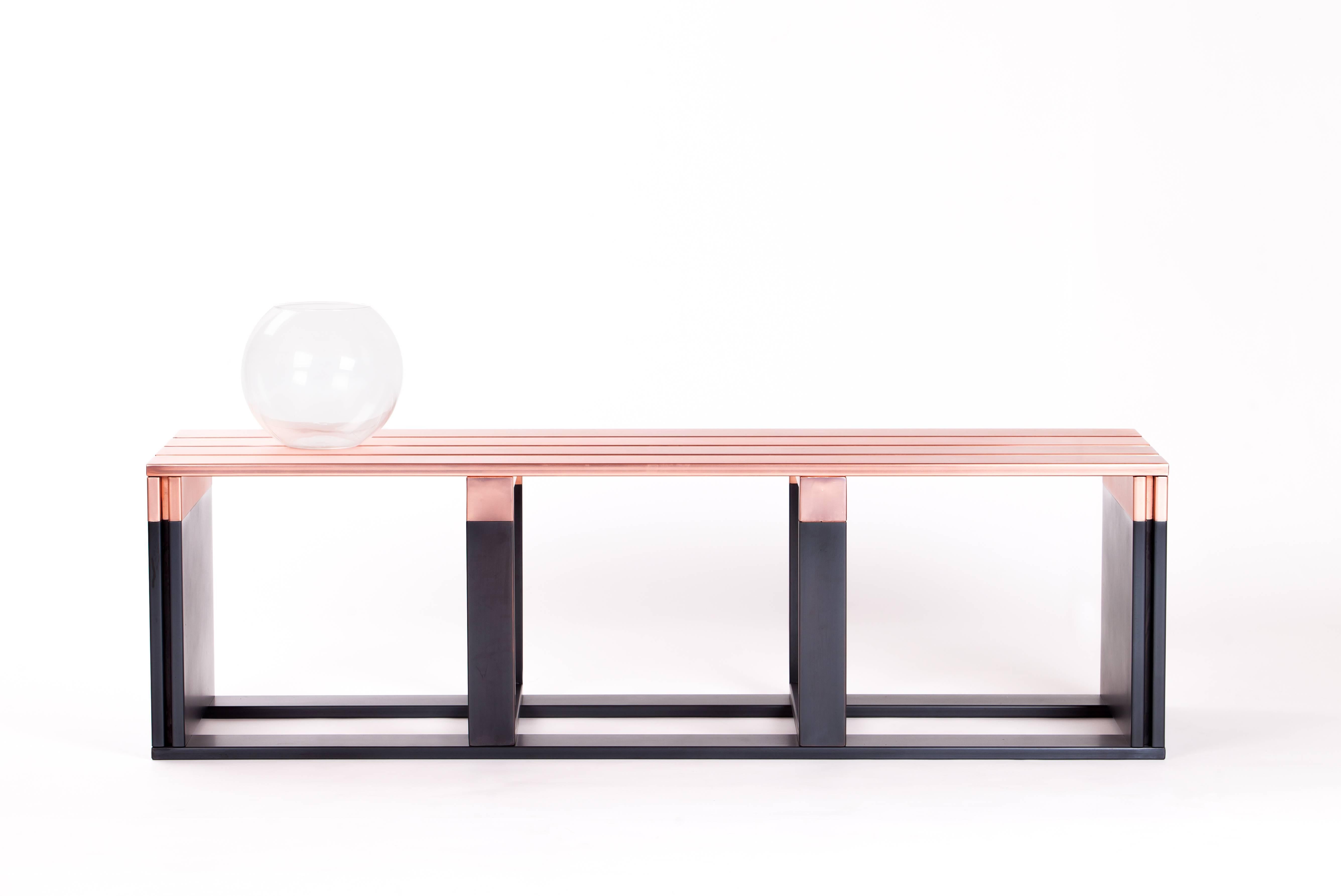Bicroma bench finds its inspiration in Industrial aesthetics.
Designed by Parisotto and Formenton, it is suitable for Classic or contemporary contexts. Its solid structure is composed by 20 element of 2 mm thickness in Copper and dark matte iron