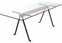 "Frate" Tempered Glass Top Benchwood Beam and Steel Table by E. Mari for Driade