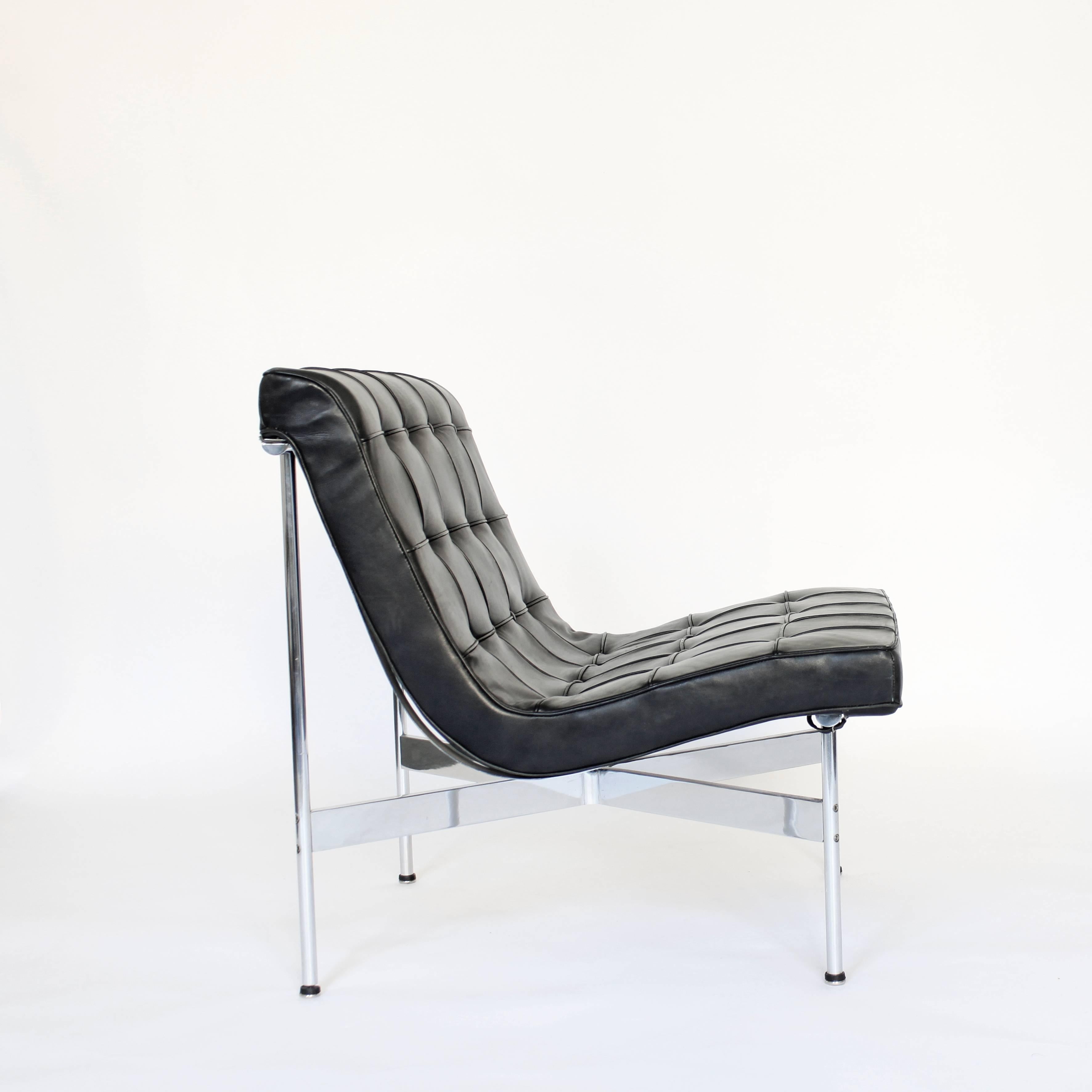 The New York chair designed by the American trio William Katavolos, Ross Littell and Douglas Kelley for Laverne International. Chrome-plated steel frame and original black leather upholstery.