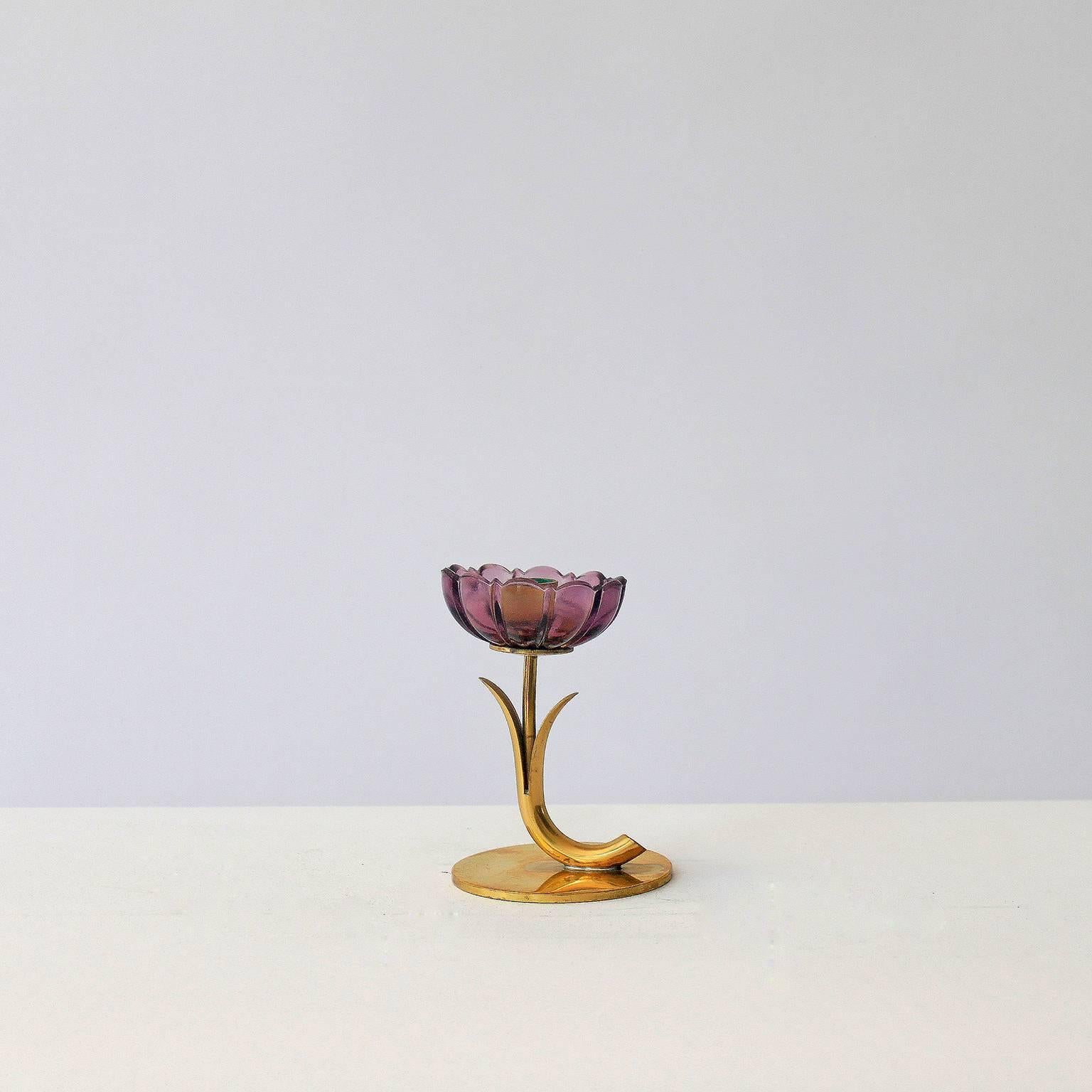 Swedish One Delicate Gunnar Ander Purple Flower Candleholder