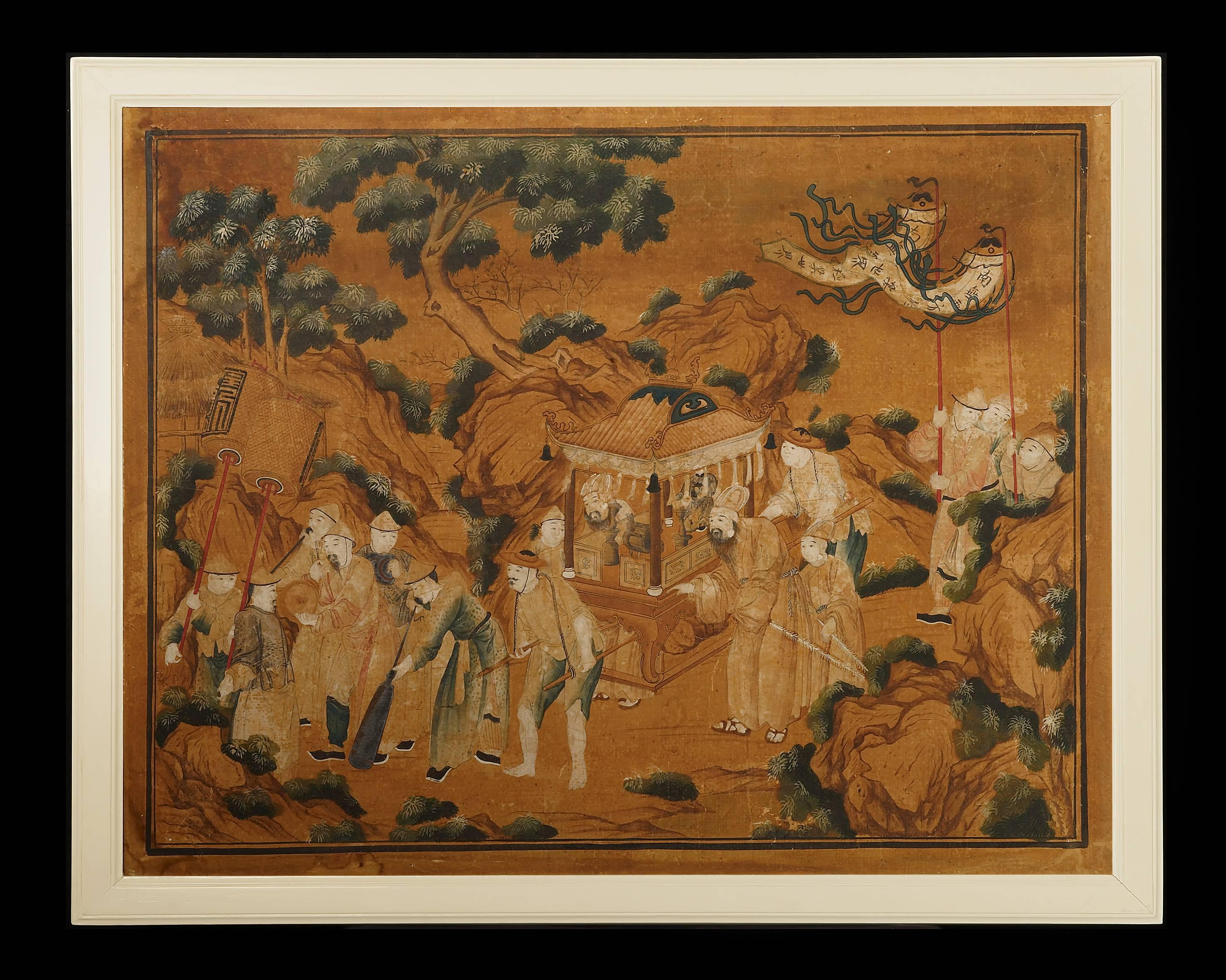 A group of four (of eight) Chinese paintings, two depicting people at leisure, one depicting locals posting announcements and one depicting figures in battle.

Ink and color on paper.