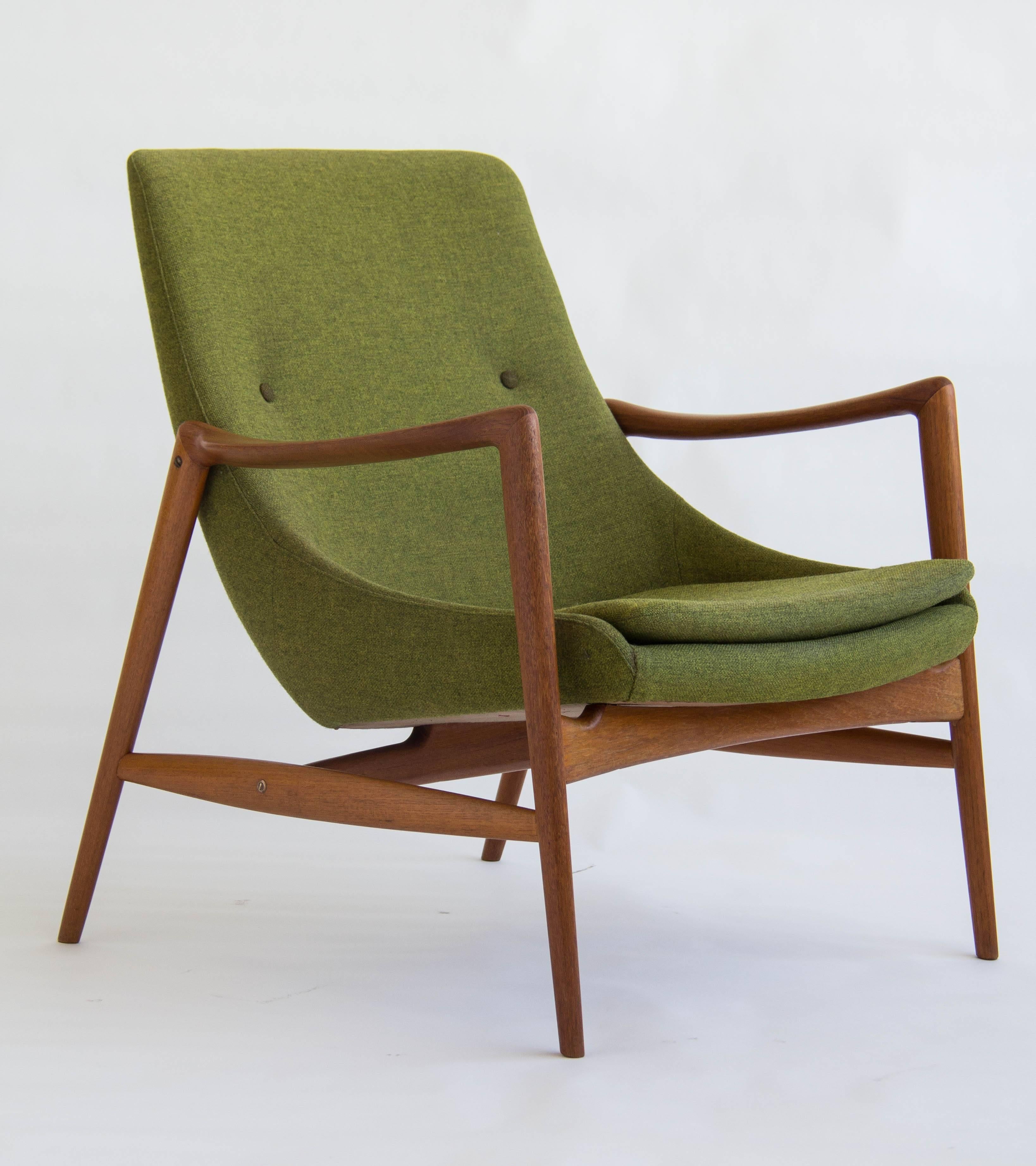 Fabric All Original Danish Pair of Teak Rastad and Relling Lounge Chairs