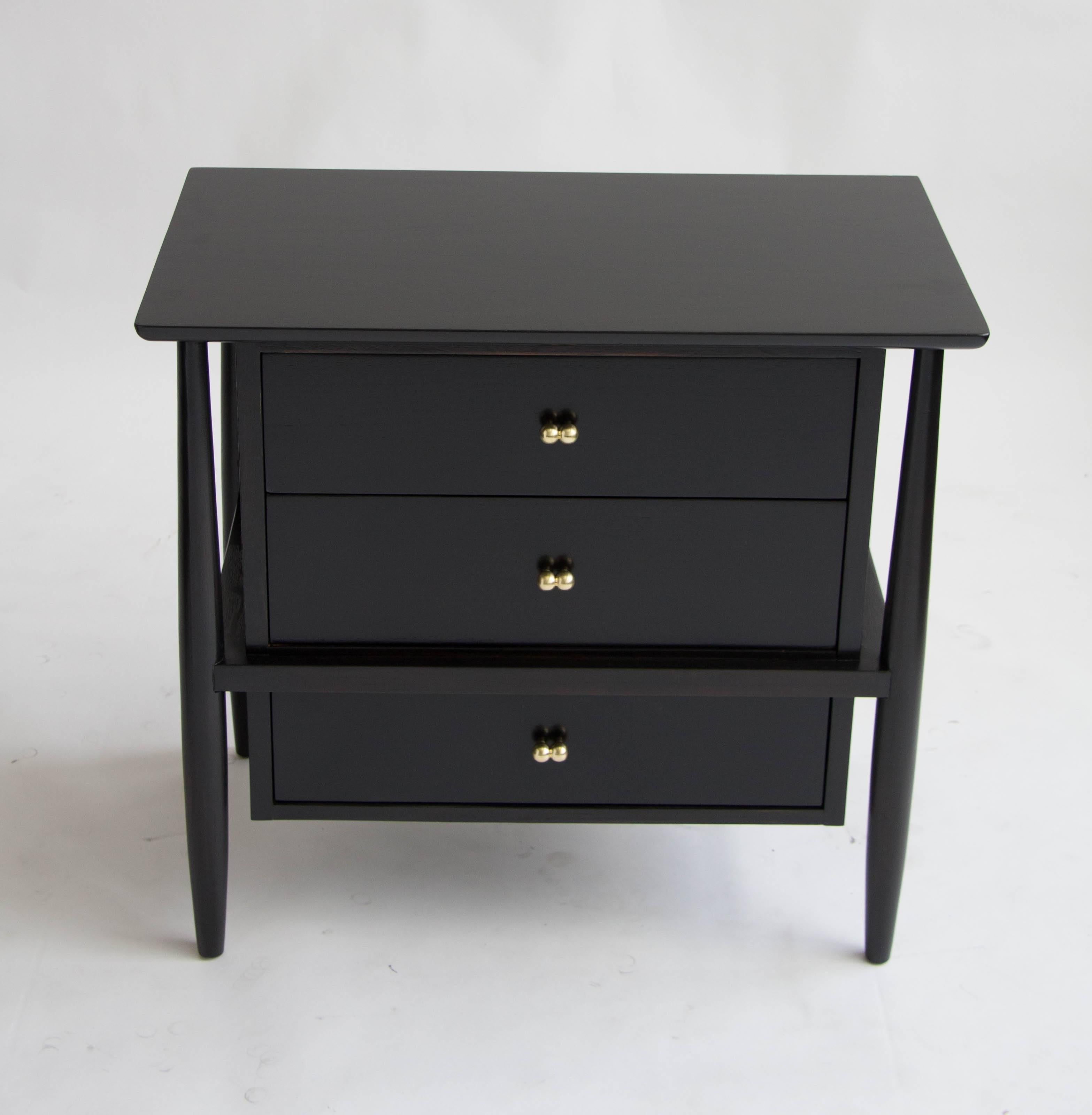 Oak Pair of Ebonized Nightstands with Brass Details by John Stuart for Mt Airy