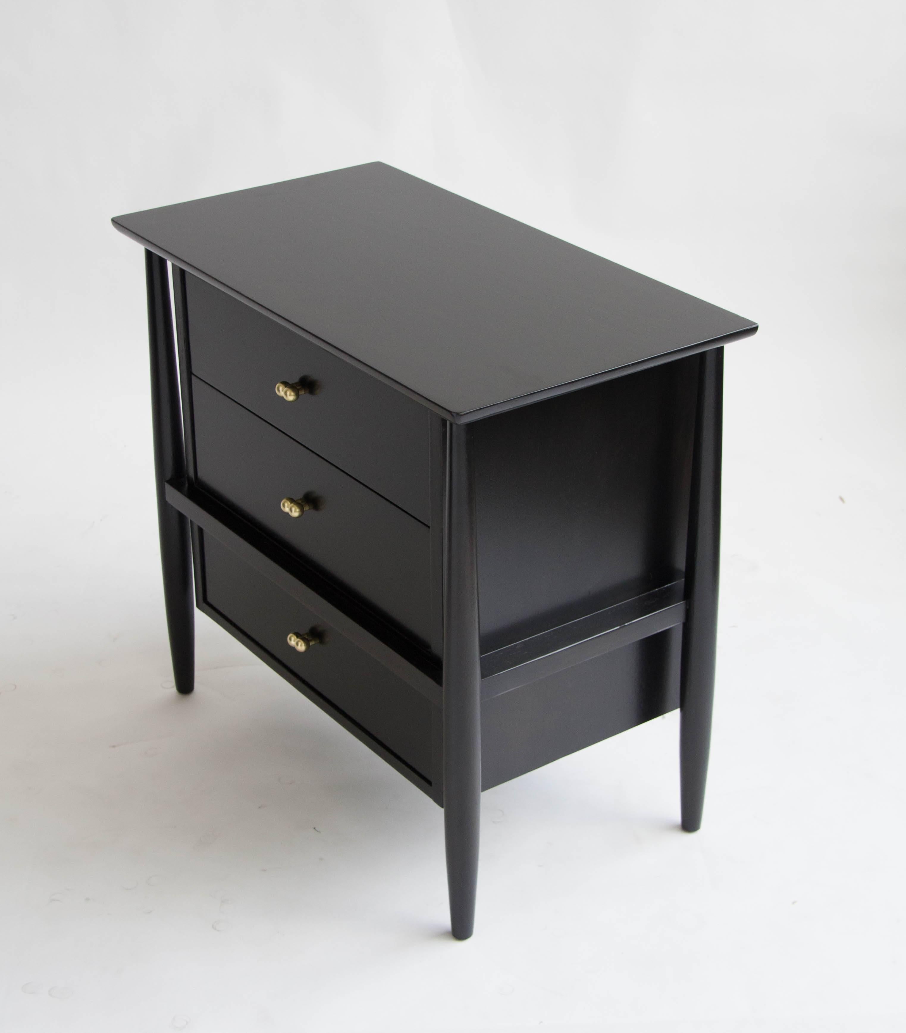 Mid-20th Century Pair of Ebonized Nightstands with Brass Details by John Stuart for Mt Airy