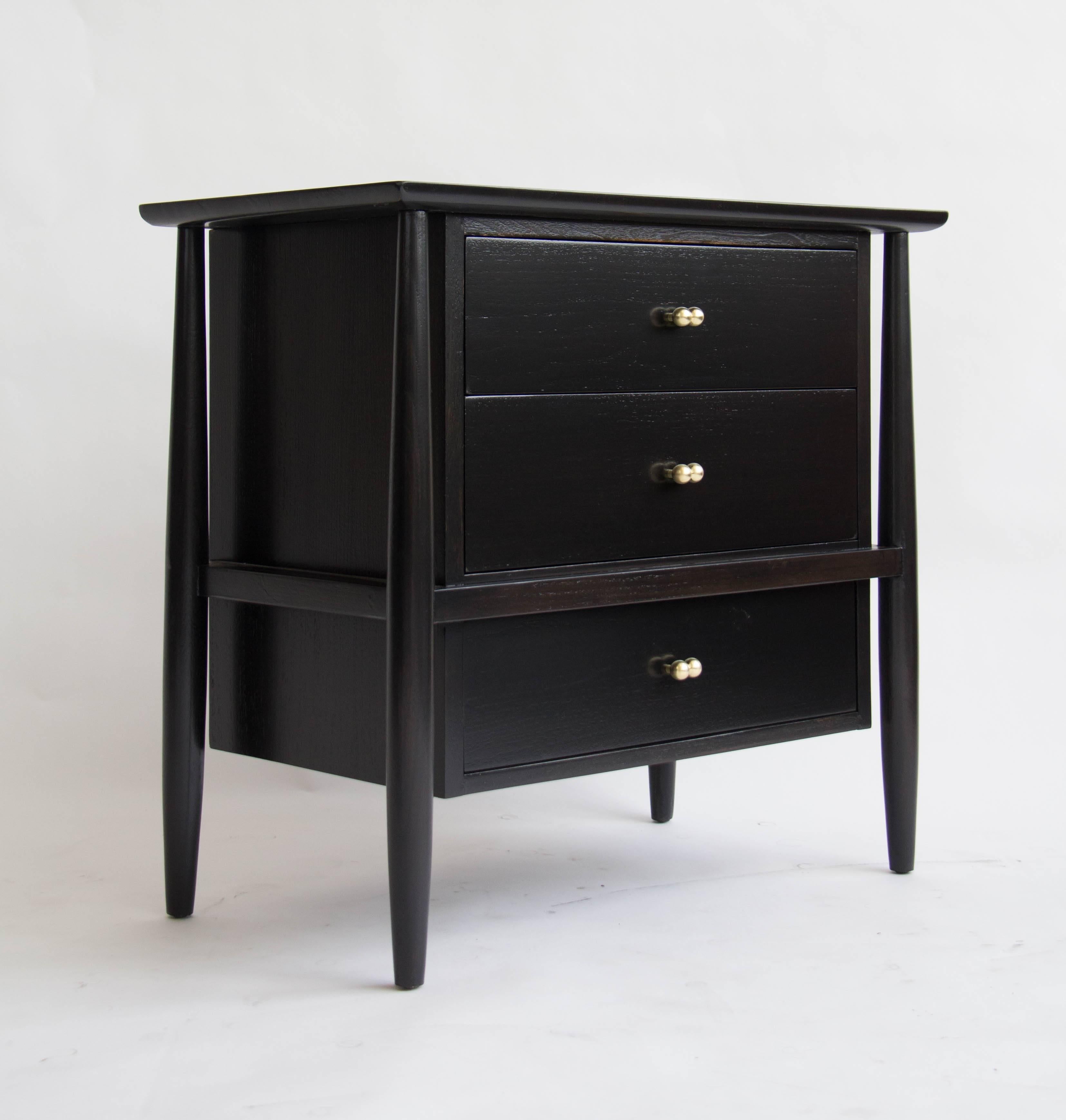 Pair of Ebonized Nightstands with Brass Details by John Stuart for Mt Airy 1