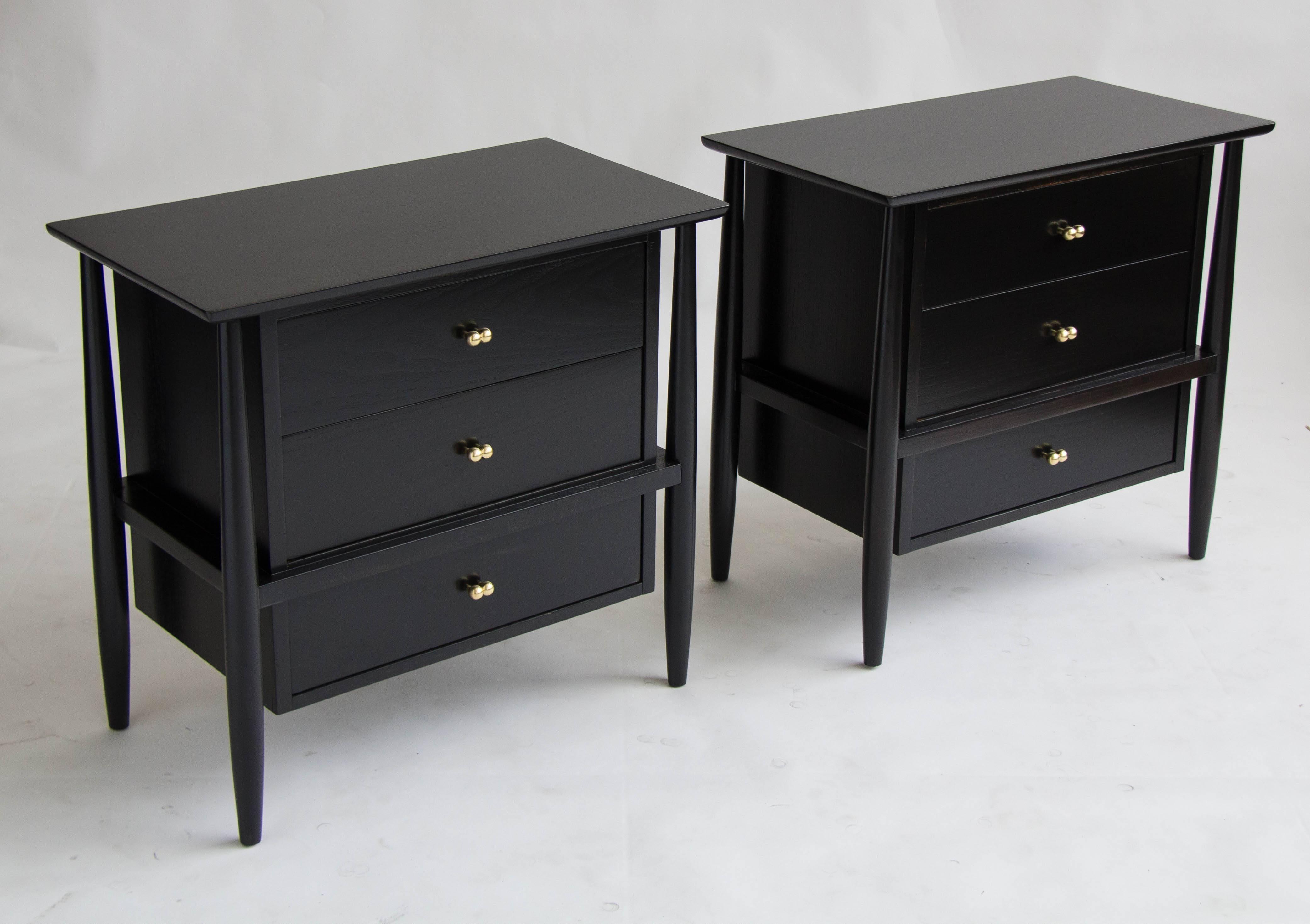 Mid-Century Modern Pair of Ebonized Nightstands with Brass Details by John Stuart for Mt Airy